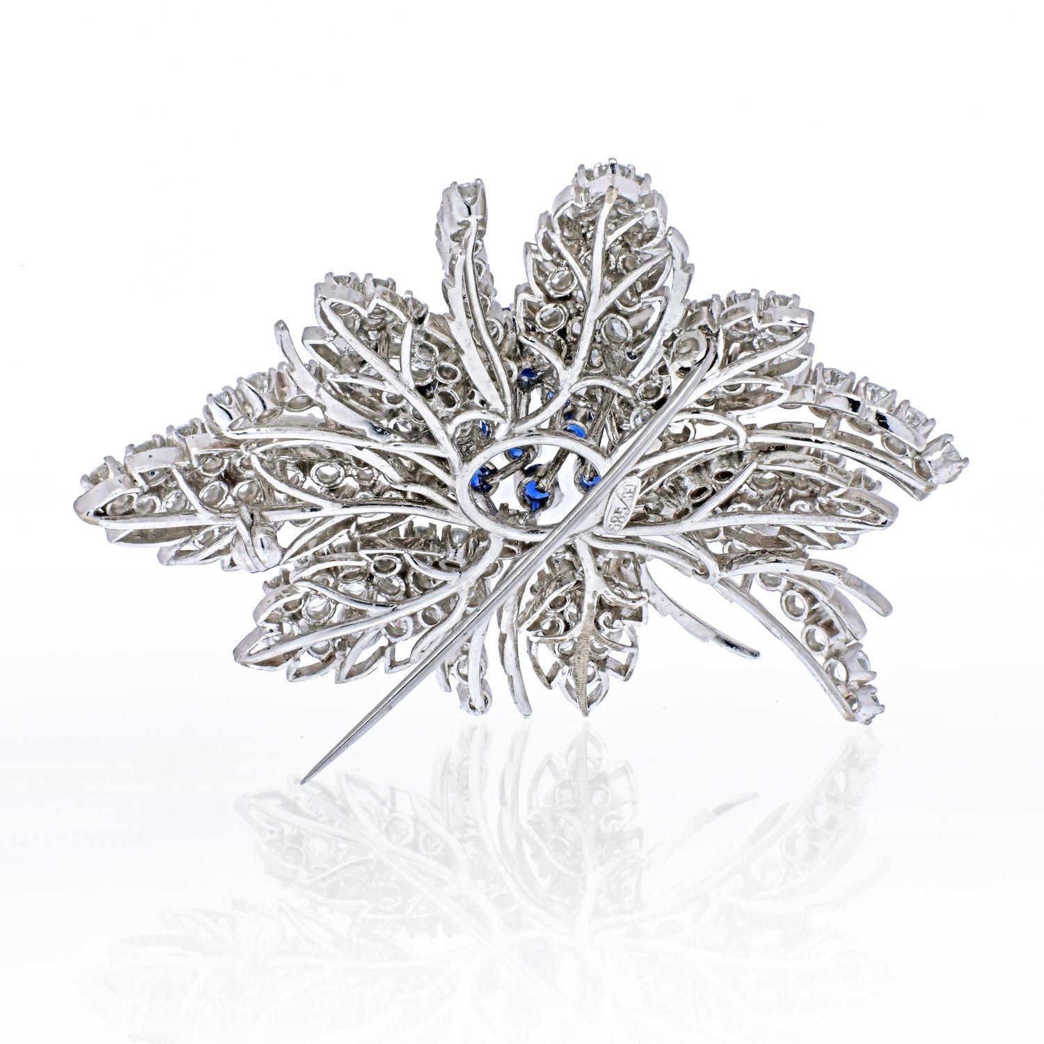 Modern 18K White Gold Diamond & Sapphire Cluster Brooch For Sale