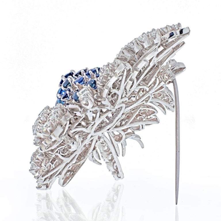 Round Cut 18K White Gold Diamond & Sapphire Cluster Brooch For Sale