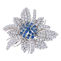 18K White Gold Diamond & Sapphire Cluster Brooch