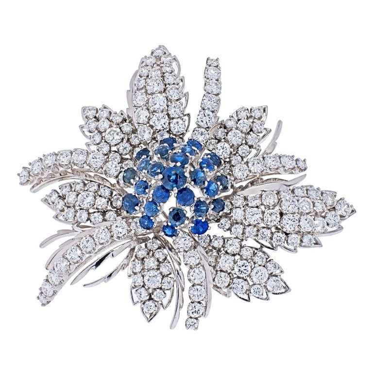 18K White Gold Diamond & Sapphire Cluster Brooch For Sale