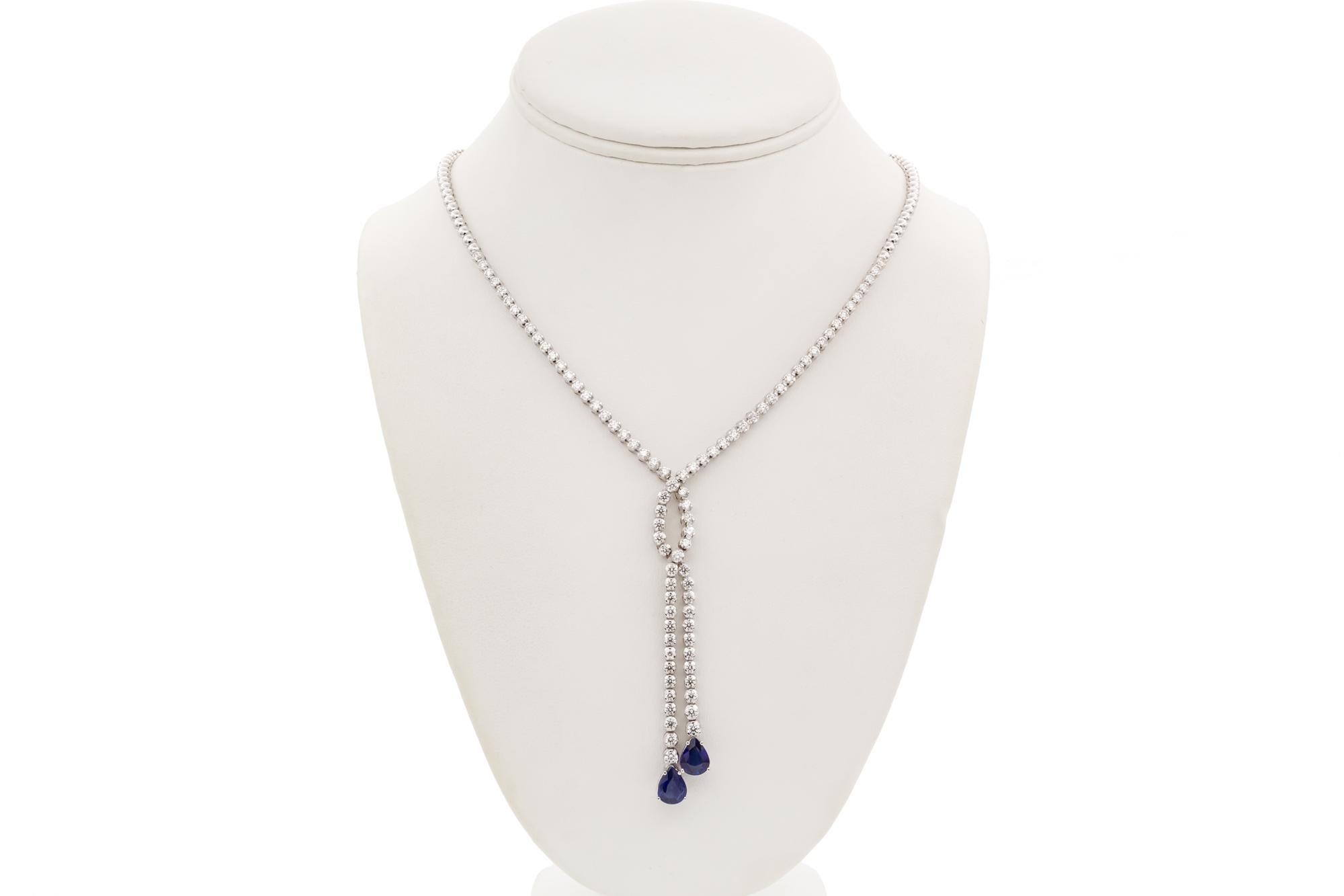Contemporary 18k White Gold Diamond & Sapphire Double Drop Necklace 5.00ctw/3.11ctw For Sale