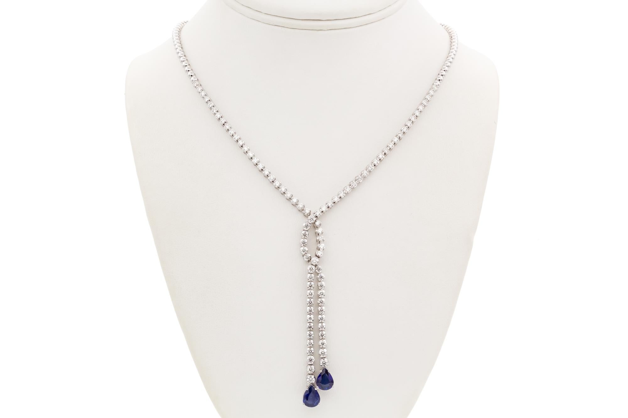 18k White Gold Diamond & Sapphire Double Drop Necklace 5.00ctw/3.11ctw In Excellent Condition For Sale In Tustin, CA