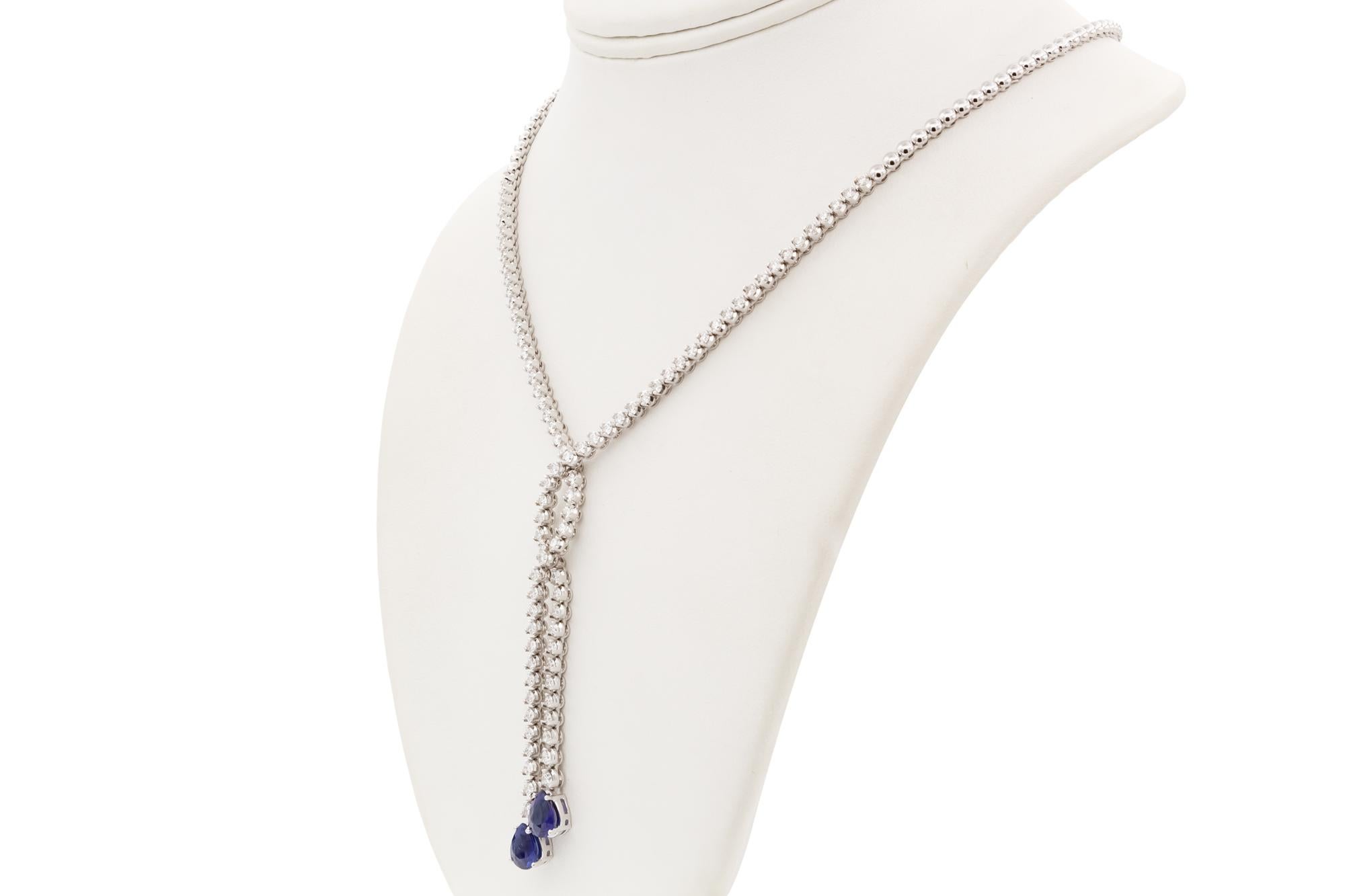 Women's 18k White Gold Diamond & Sapphire Double Drop Necklace 5.00ctw/3.11ctw For Sale
