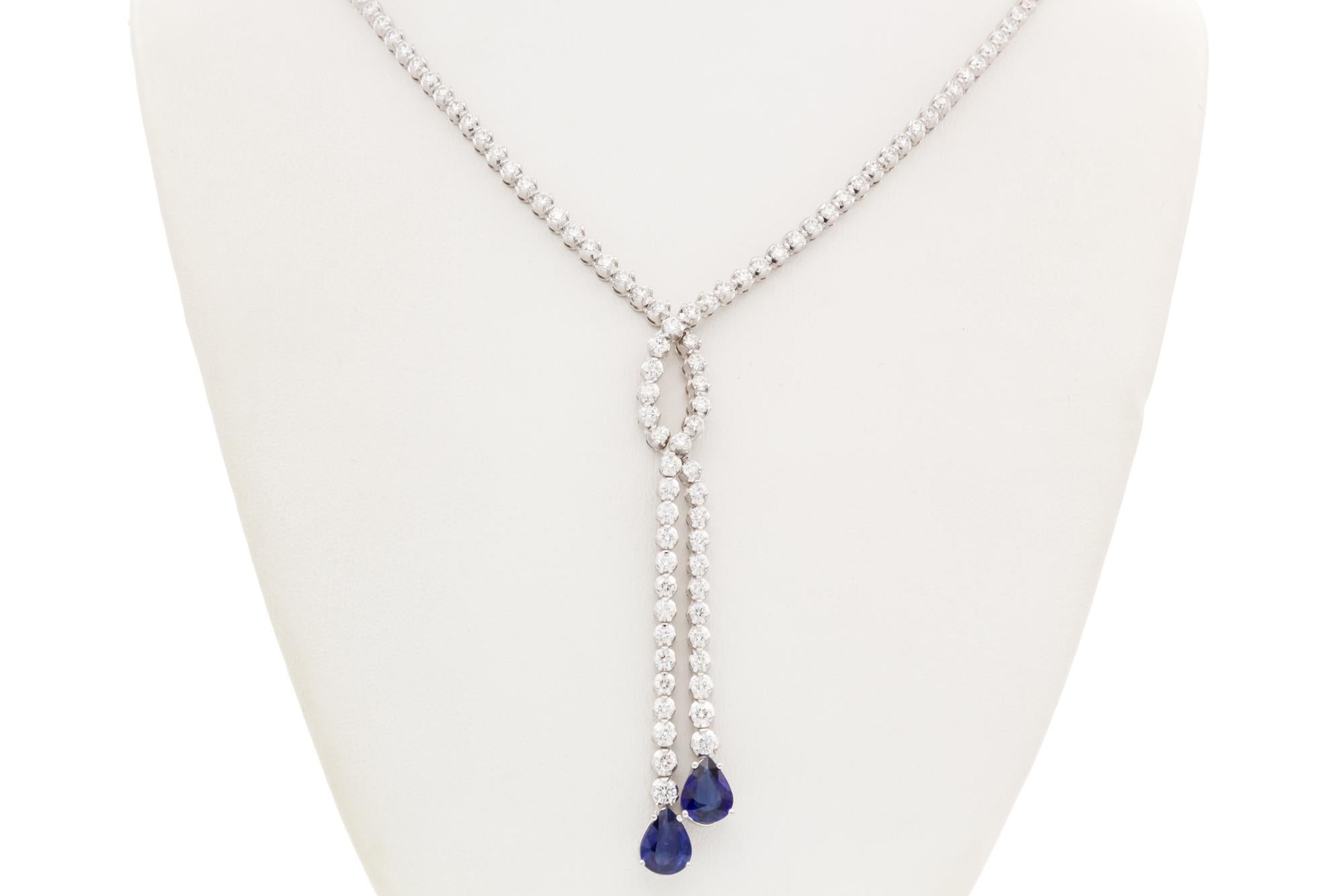 18k White Gold Diamond & Sapphire Double Drop Necklace 5.00ctw/3.11ctw For Sale 1