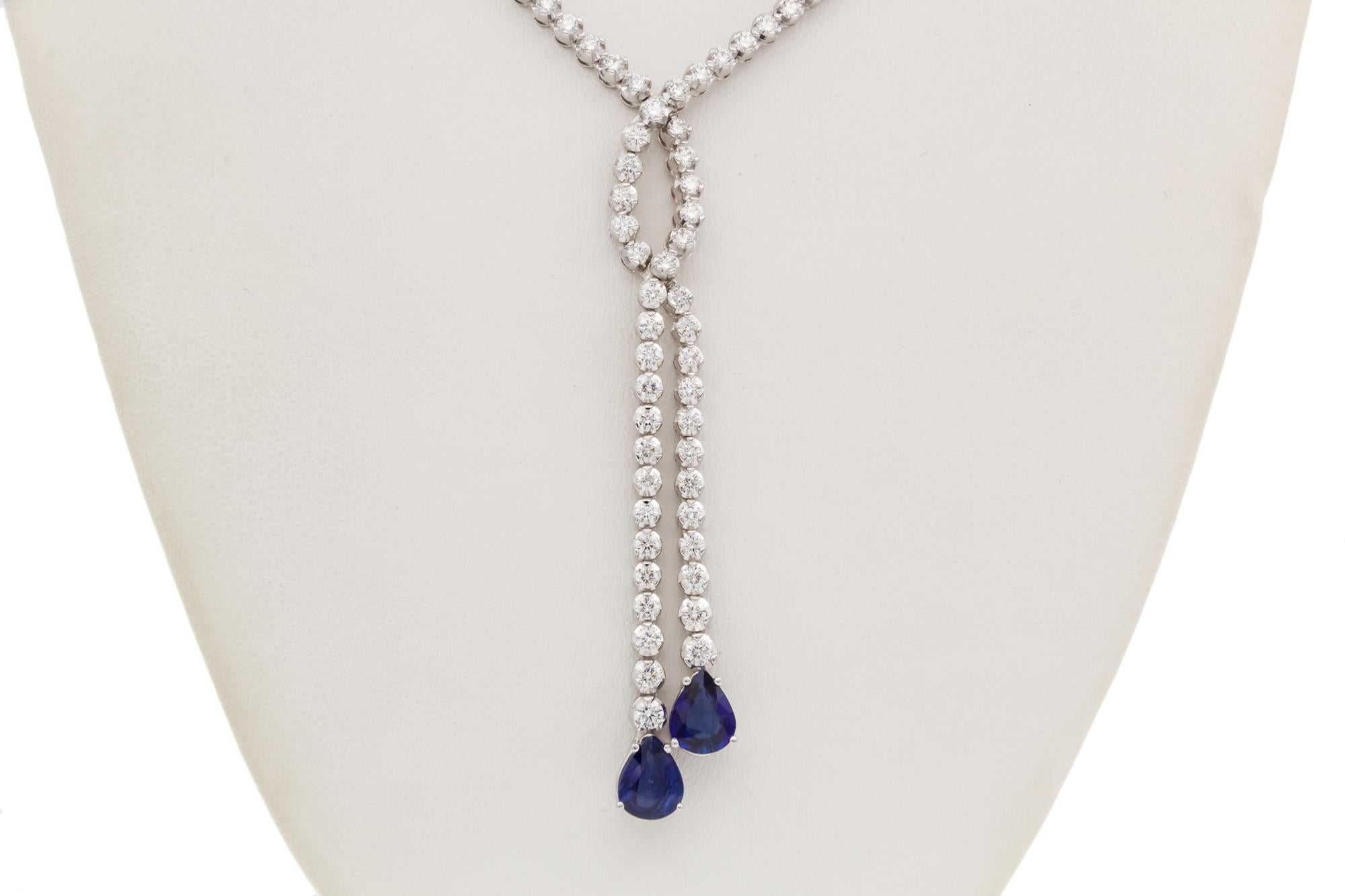 18k White Gold Diamond & Sapphire Double Drop Necklace 5.00ctw/3.11ctw For Sale 2