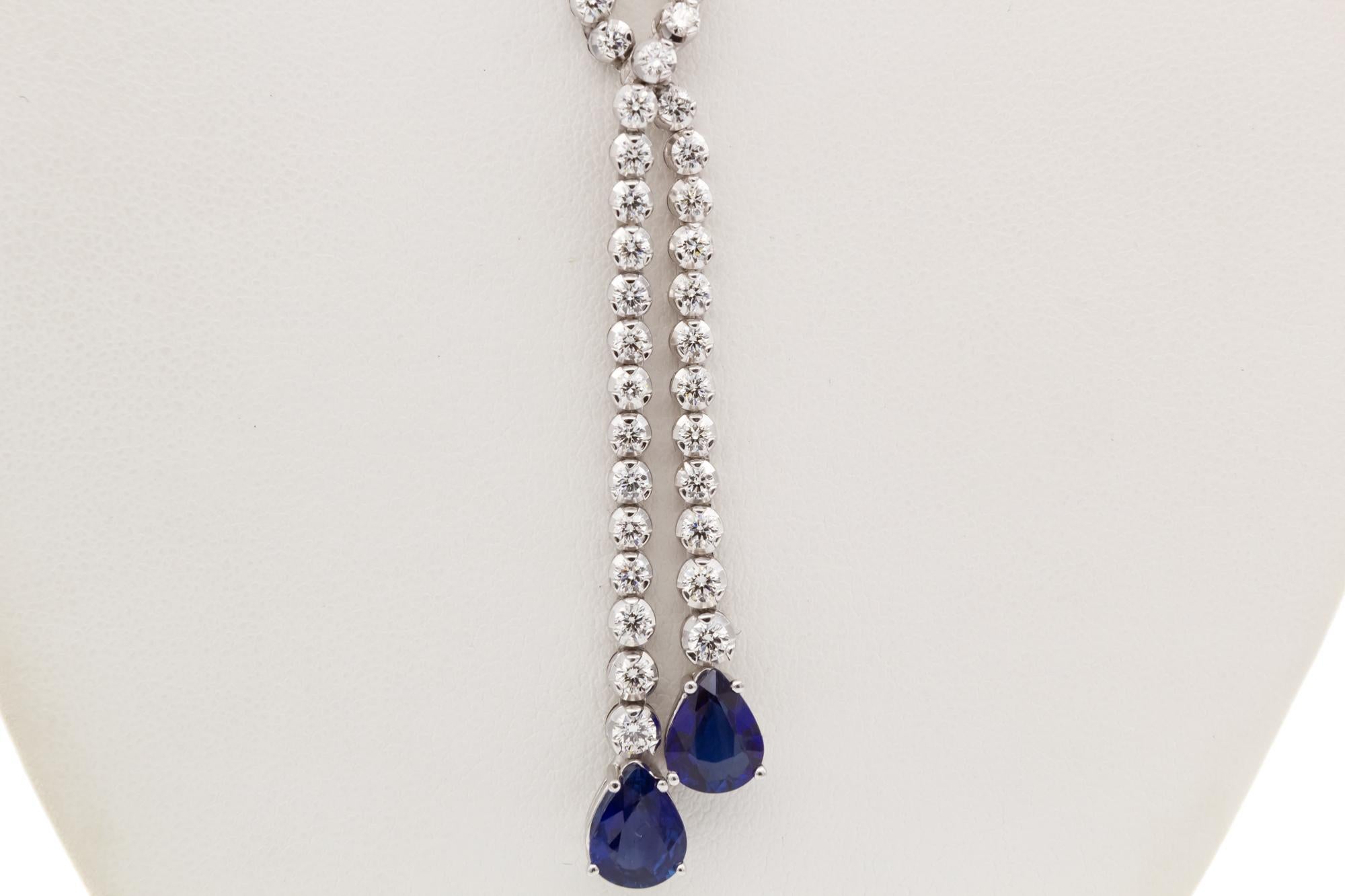 18k White Gold Diamond & Sapphire Double Drop Necklace 5.00ctw/3.11ctw For Sale 3