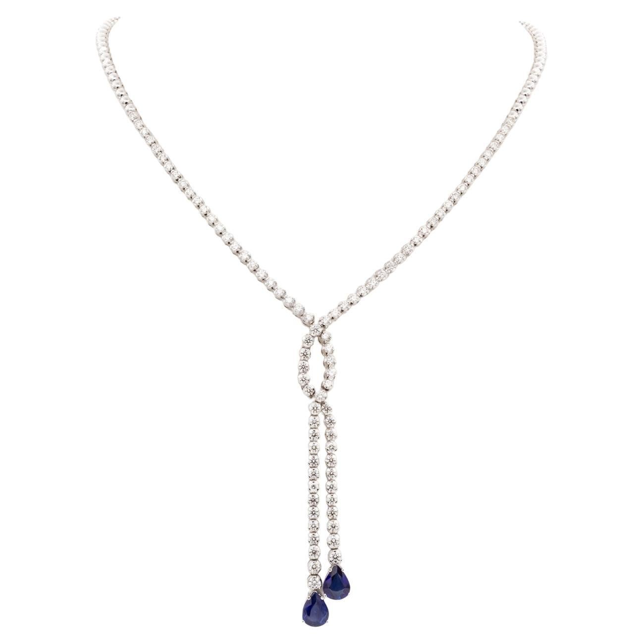 18k White Gold Diamond & Sapphire Double Drop Necklace 5.00ctw/3.11ctw For Sale