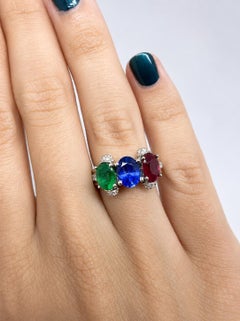 18K White Gold Diamond, Sapphire, Emerald and Ruby Ring