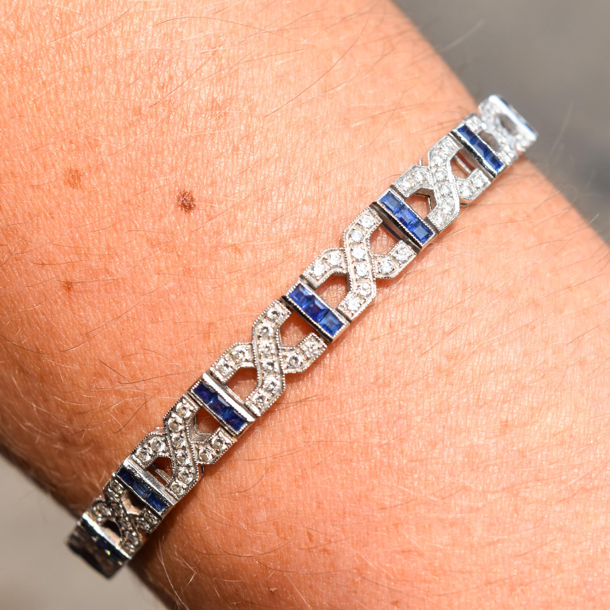 18K White Gold Diamond Sapphire Infinity Link Bracelet For Sale 1