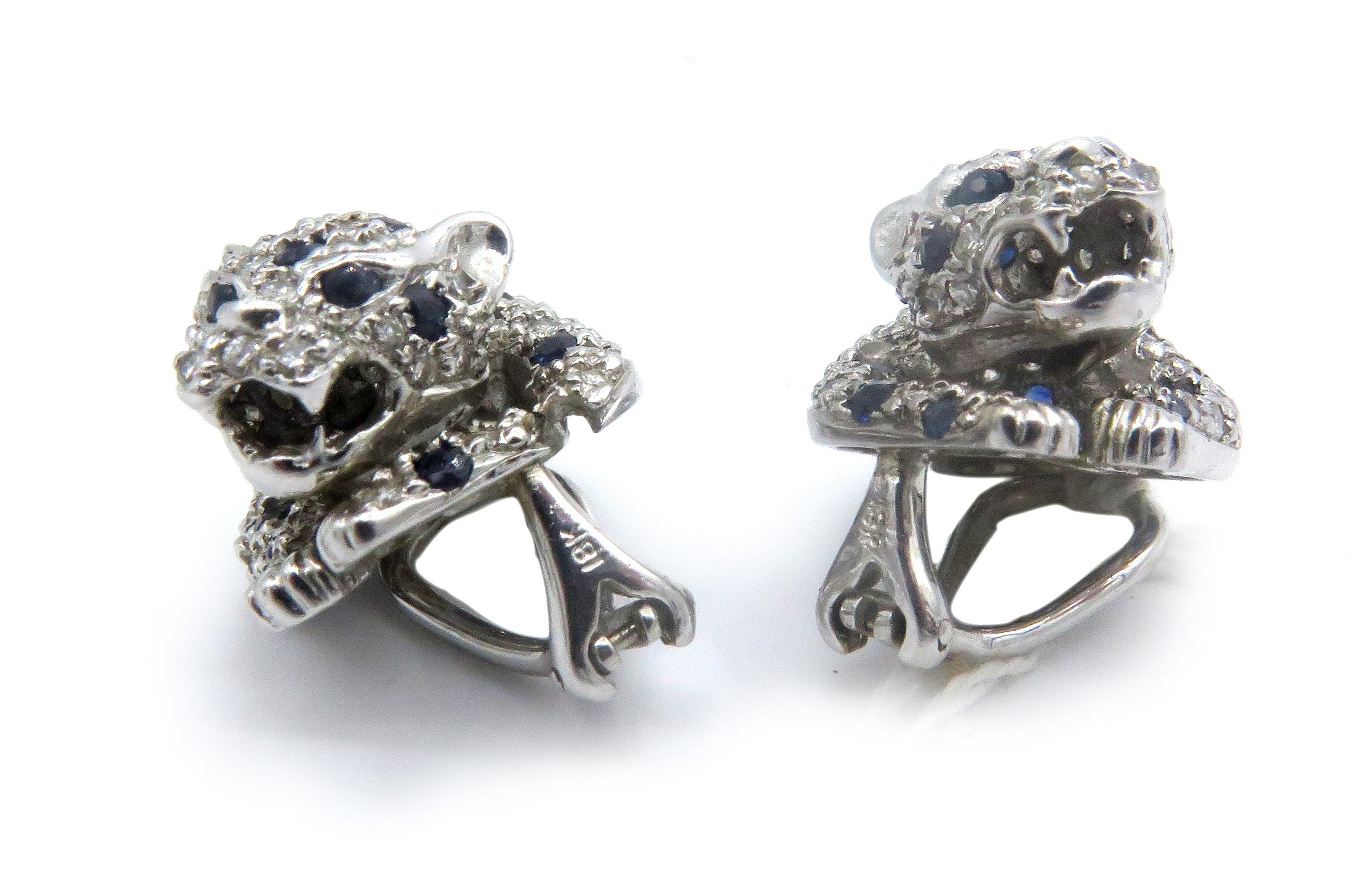 Round Cut 18 Karat White Gold Diamond and Sapphire Panther Stud Earrings