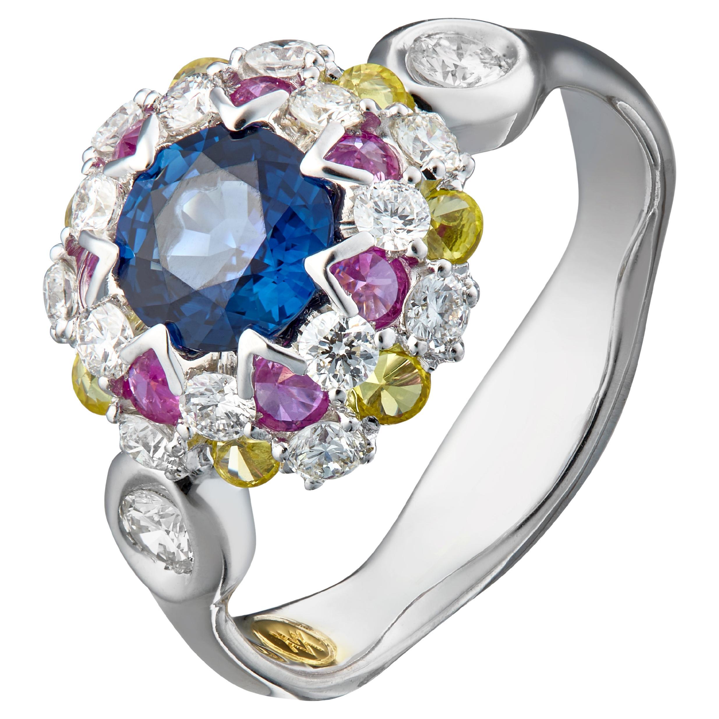 18K White Gold Diamond Sapphire Ring in Aurora Style