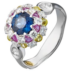 18K White Gold Diamond Sapphire Ring in Aurora Style