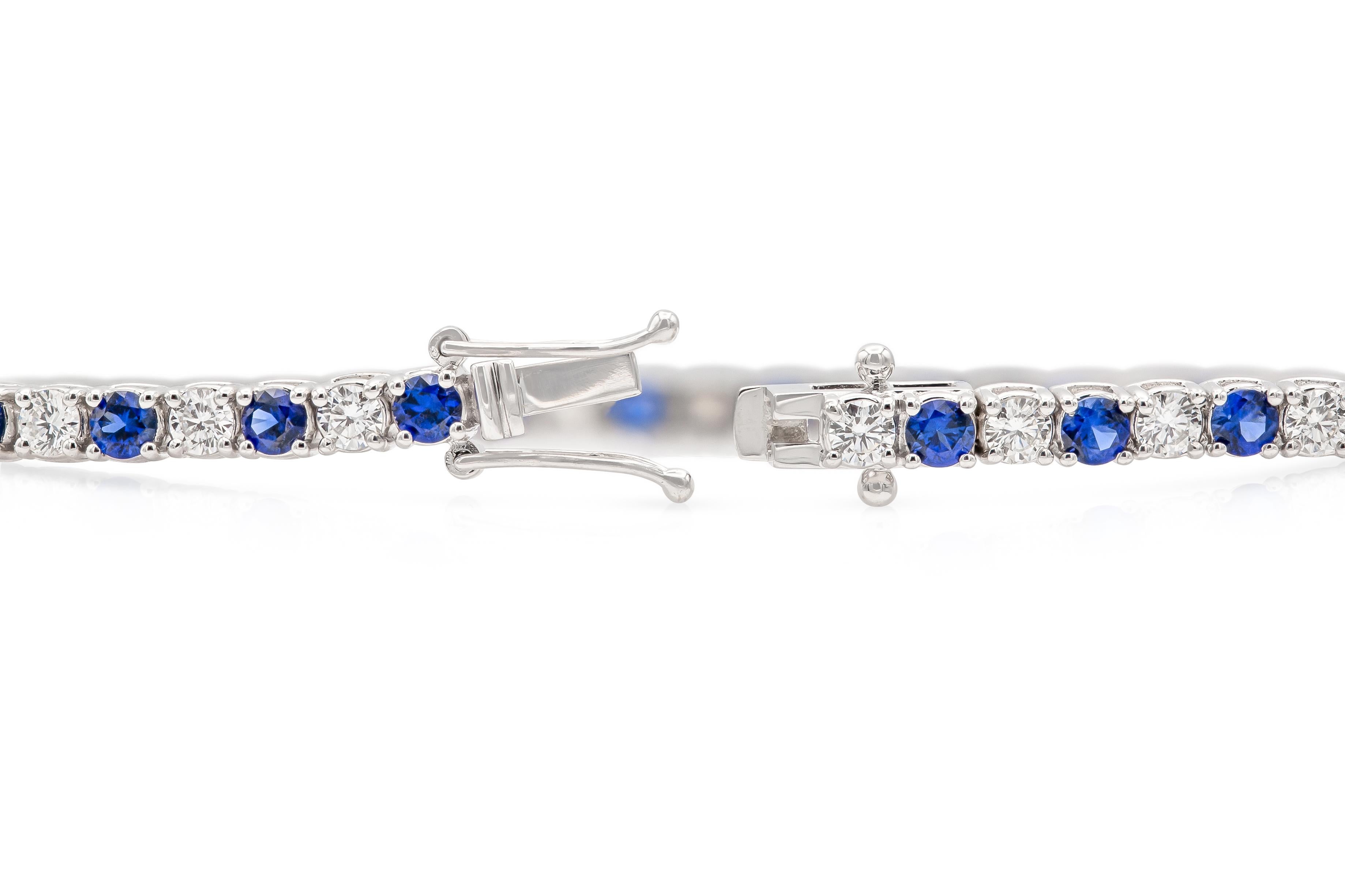 Modern 18K White Gold Diamond & Sapphire Tennis Bracelet Tw. 5.54ct For Sale