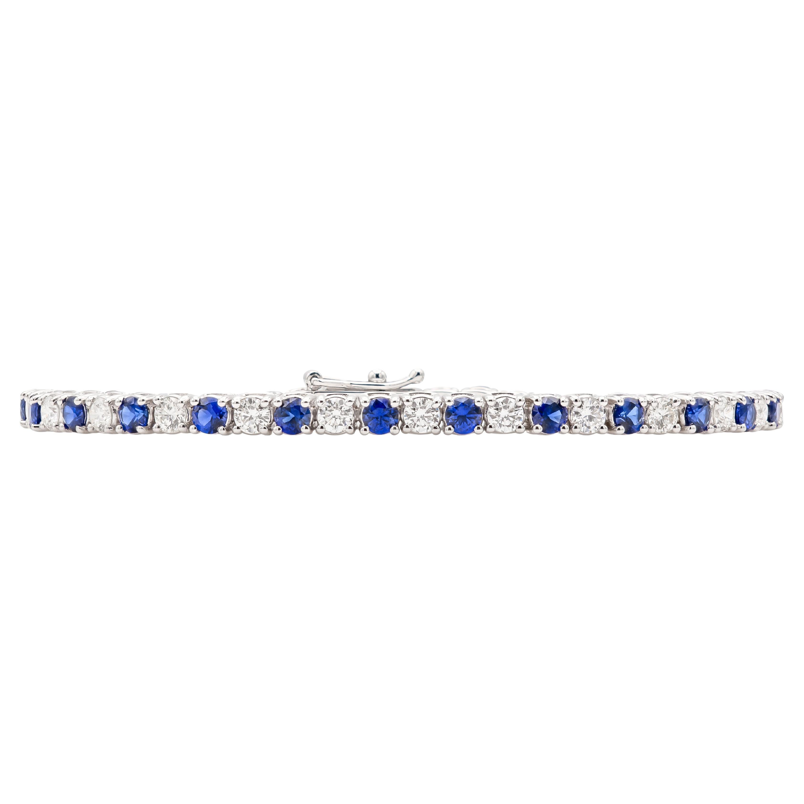 18K White Gold Diamond & Sapphire Tennis Bracelet Tw. 5.54ct
