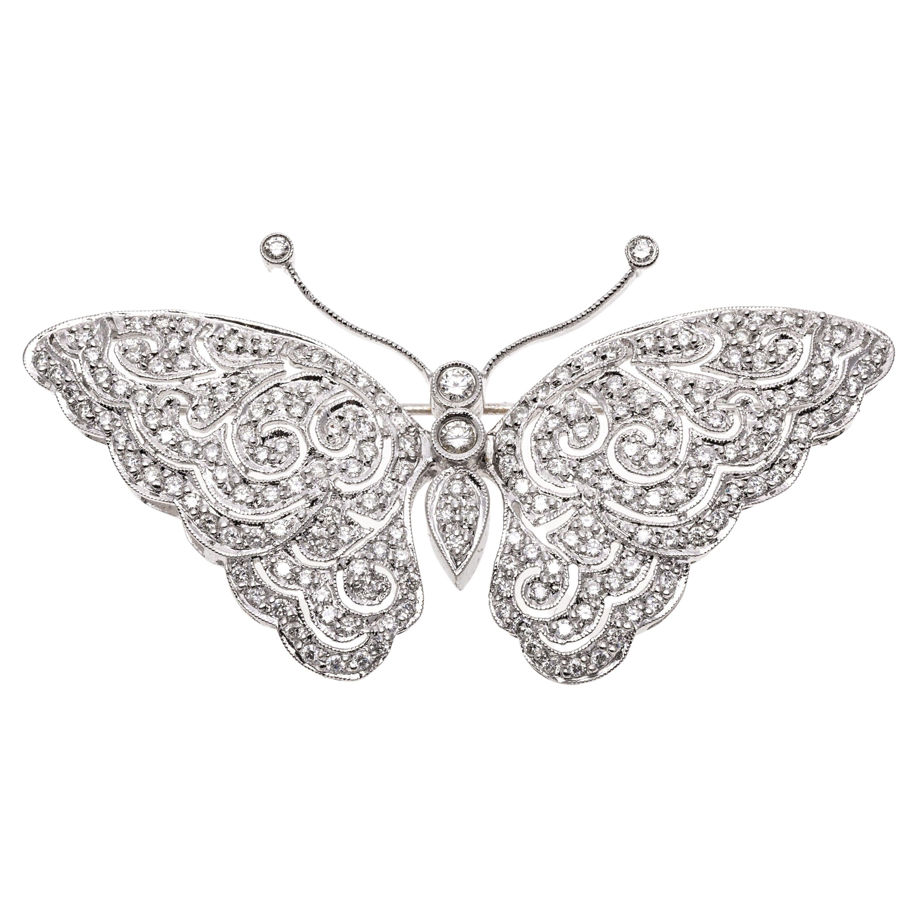18k White Gold Diamond Set Filigree Butterfly Brooch, Approximately 1.89 TCW