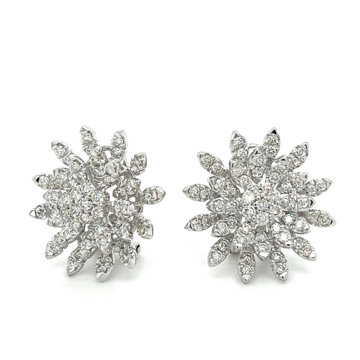 Round Cut 18K White Gold Diamond Snowflake Stud Earrings For Sale