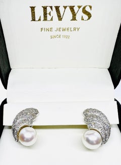 18K White Gold Diamond & South seas Pearl Vintage Earrings 19.3 Grams