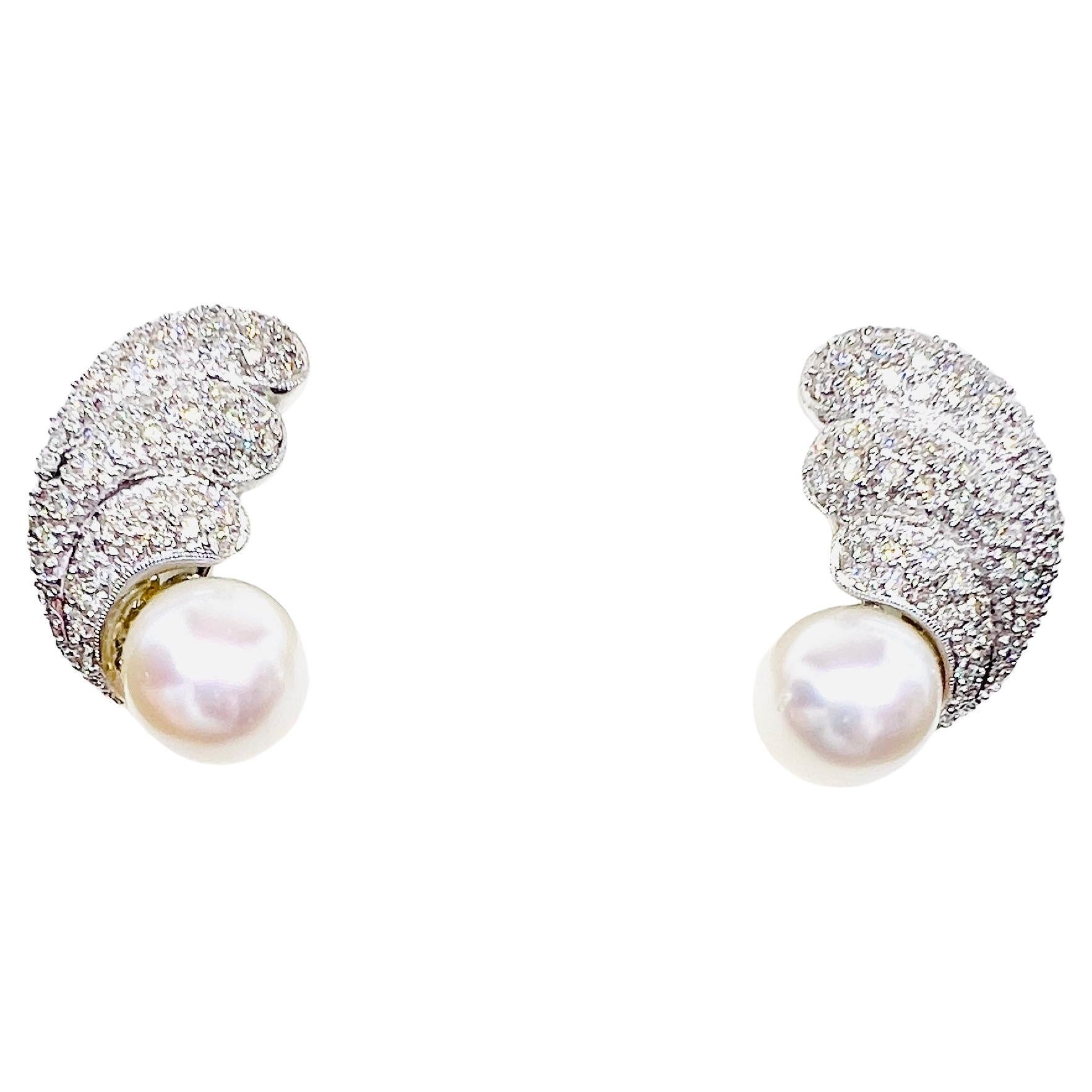 18K White Gold Diamond & South seas Pearl Vintage Earrings 19.3 Grams For Sale