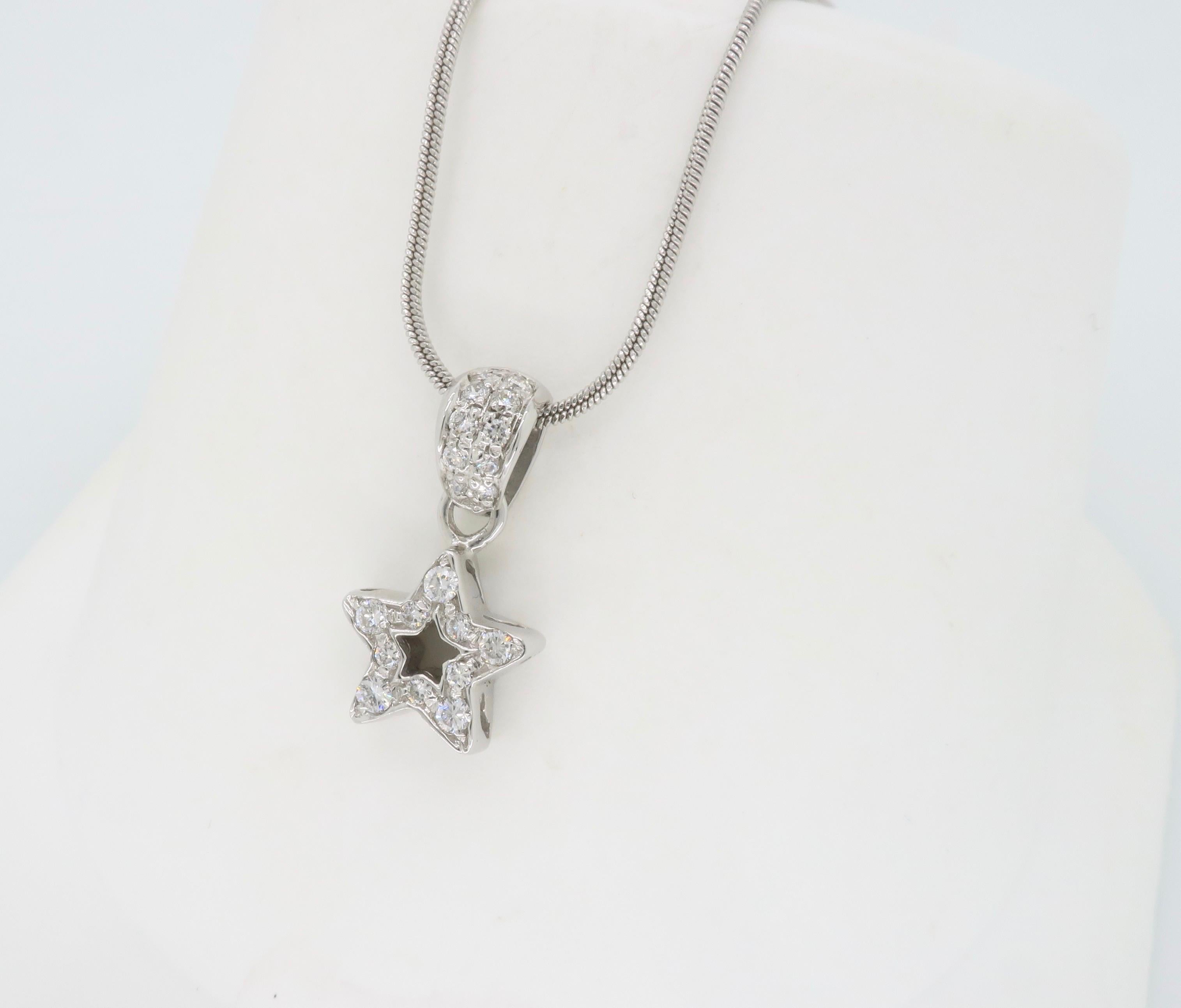 High quality 18k white gold diamond star pendant necklace 
Diamond Carat Weight: Approximately .35CTW
Diamond Cut: Round Brilliant Diamonds
Color: Average G-H
Clarity: VS
Metal: 18K White Gold
Chain Length: 18” 
Marked/Tested: Stamped  “18K Italy