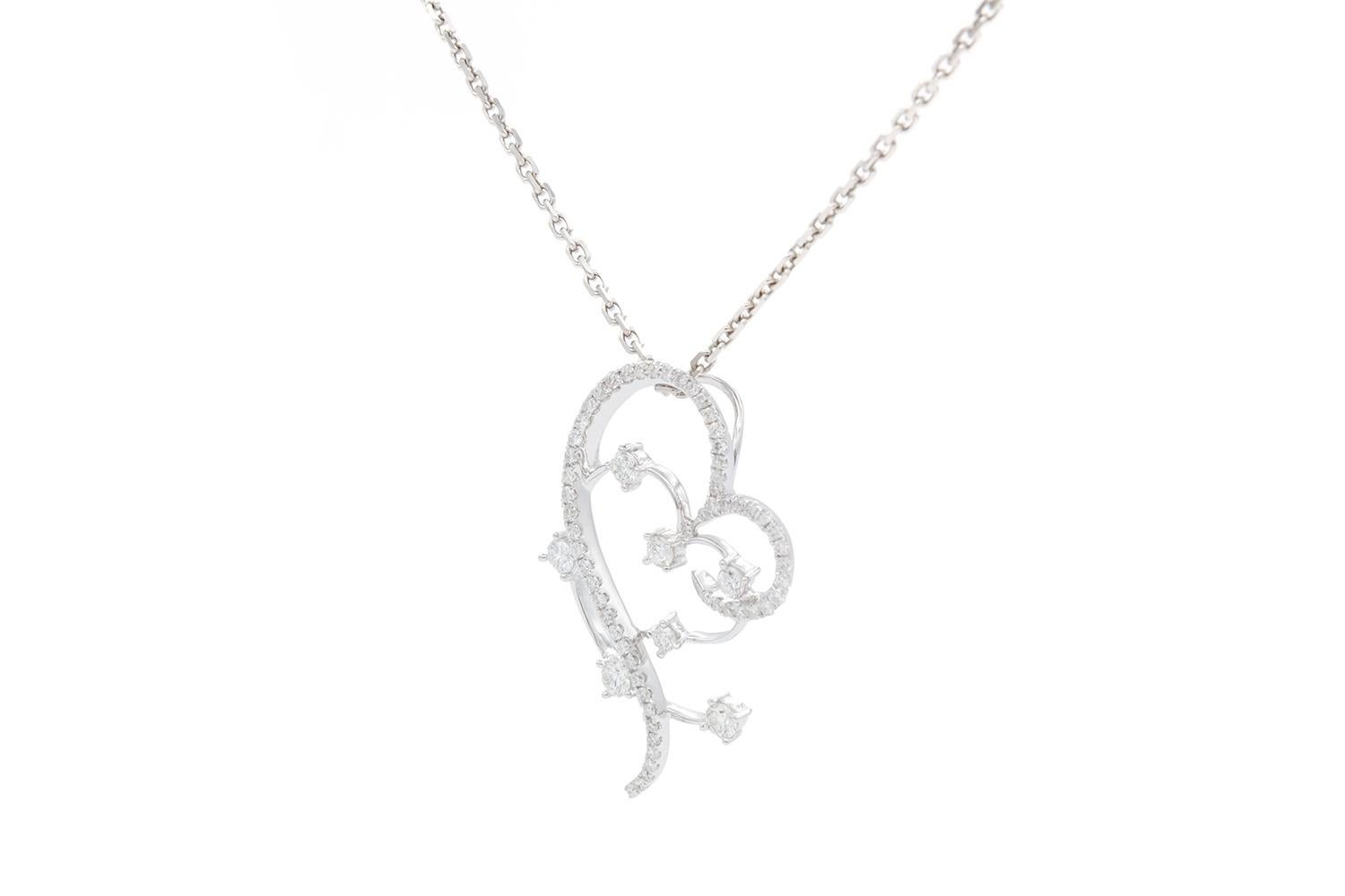Contemporary 18k White Gold & Diamond Sweeping Heart Silhouette Pendant Necklace For Sale