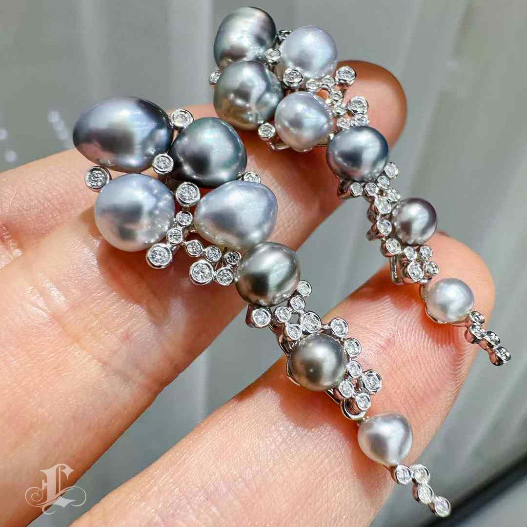 Square Cut Aurora Tahitian Keshi Pearls Cluster 18k White Gold Diamond Cluster Earrings