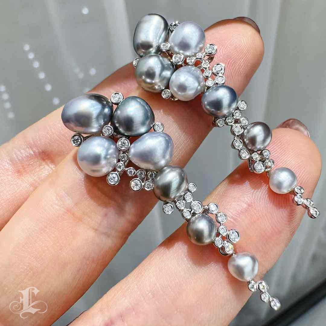 Women's Aurora Tahitian Keshi Pearls Cluster 18k White Gold Diamond Cluster Earrings