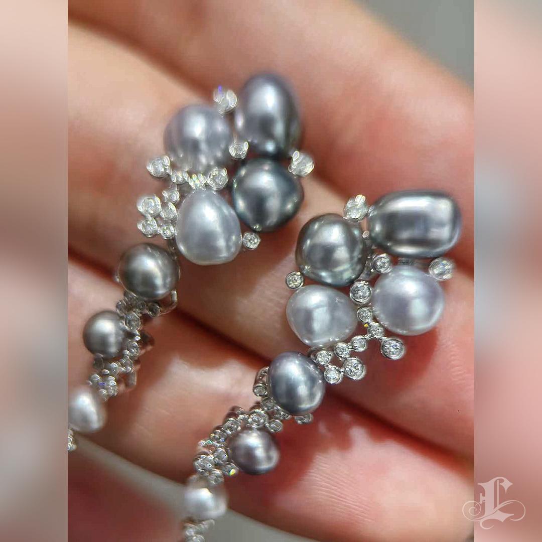 Aurora Tahitian Keshi Pearls Cluster 18k White Gold Diamond Cluster Earrings 1