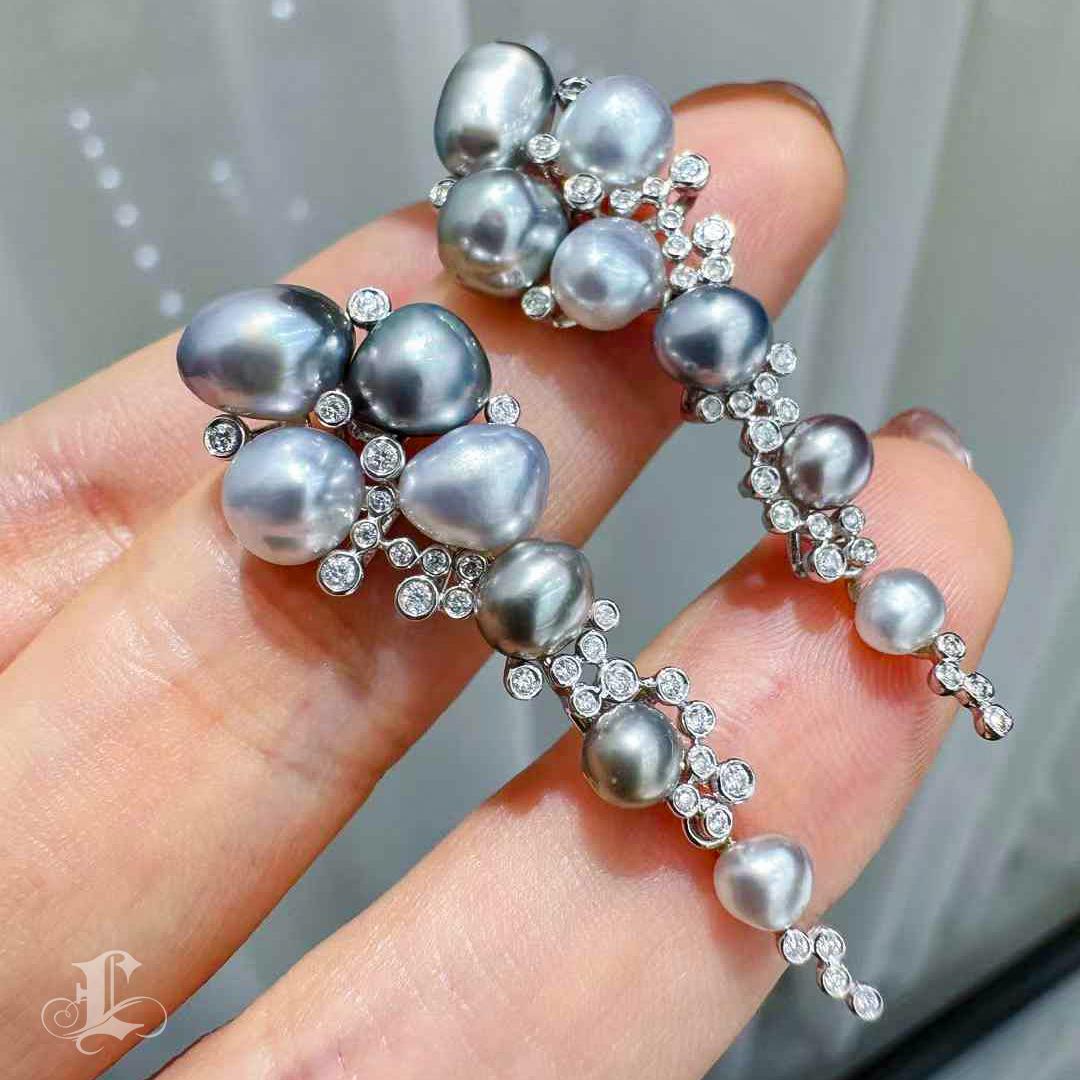 Aurora Tahitian Keshi Pearls Cluster 18k White Gold Diamond Cluster Earrings 2