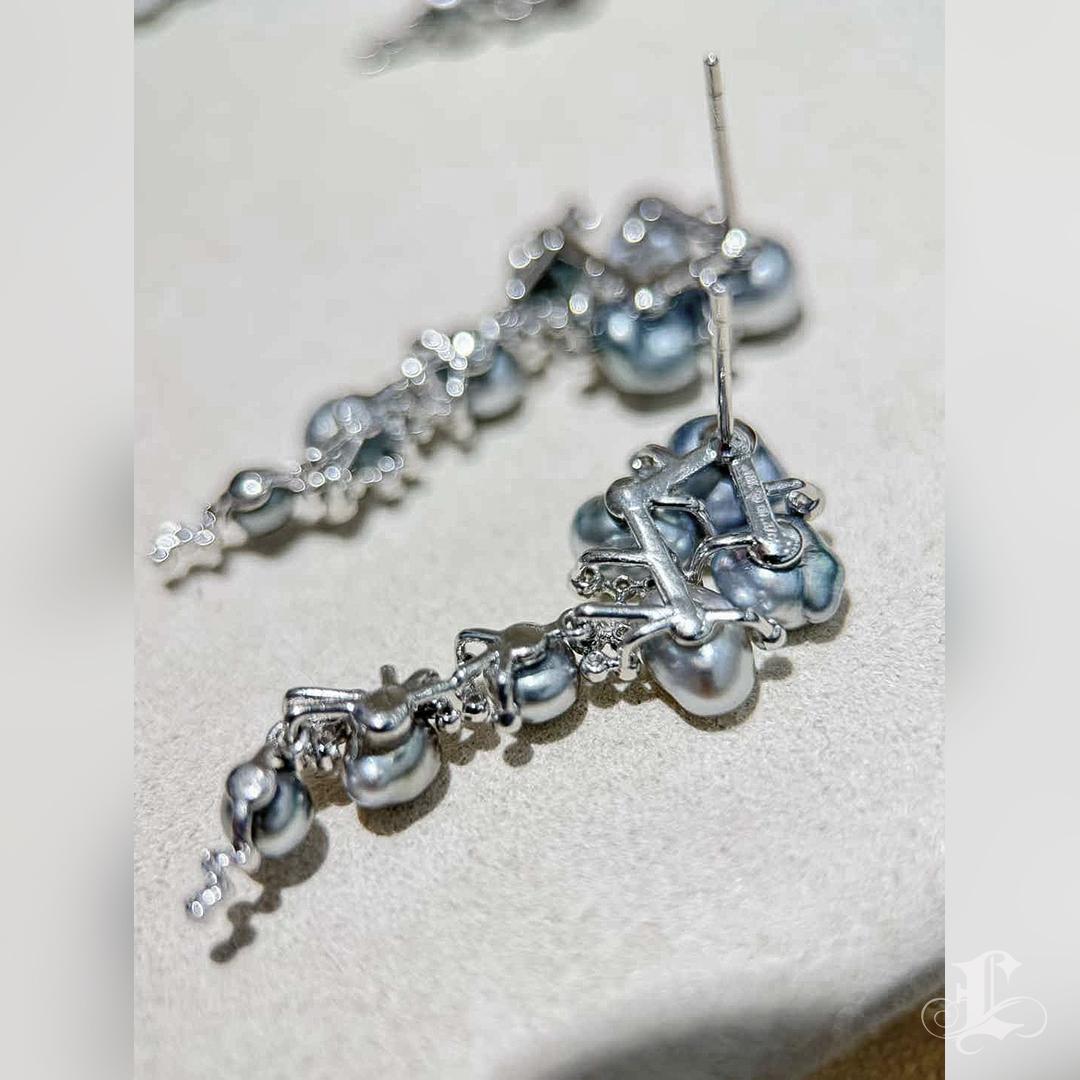 Aurora Tahitian Keshi Pearls Cluster 18k White Gold Diamond Cluster Earrings 3