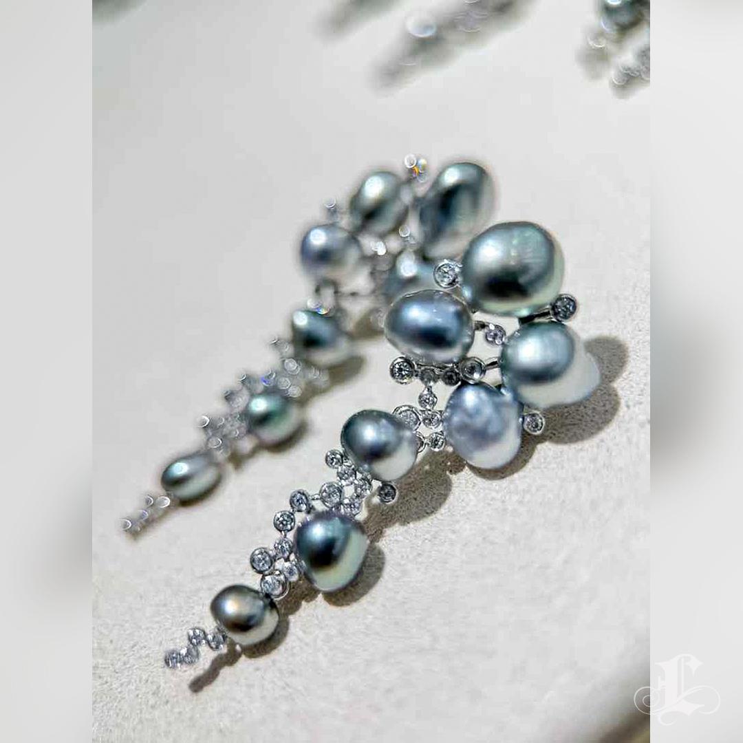 Aurora Tahitian Keshi Pearls Cluster 18k White Gold Diamond Cluster Earrings 4
