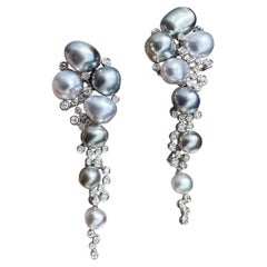 Aurora Tahitian Keshi Pearls Cluster 18k White Gold Diamond Cluster Earrings