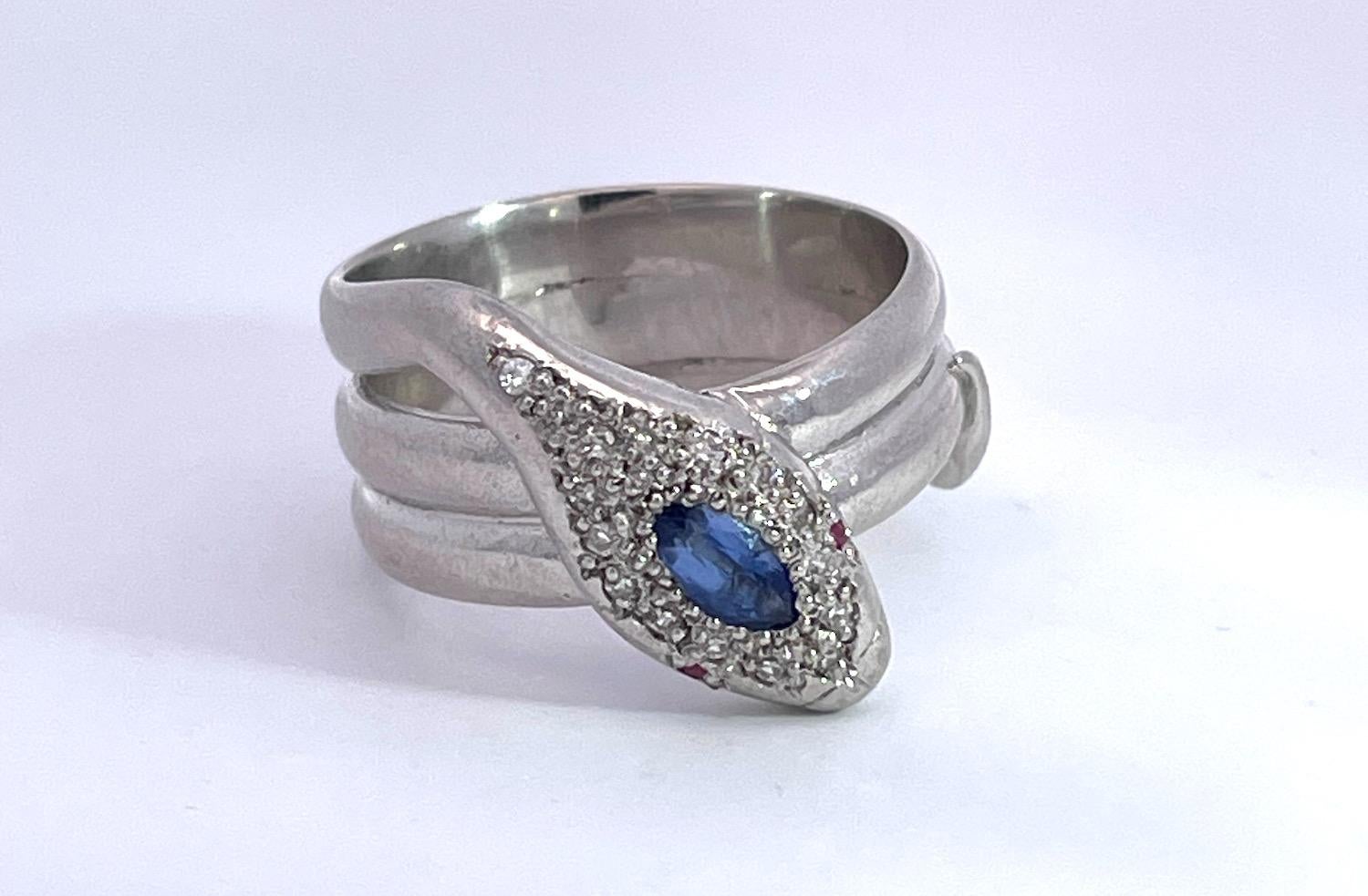 Artisan 18K White Gold Diamond Tanzanite Head Snake Ring For Sale