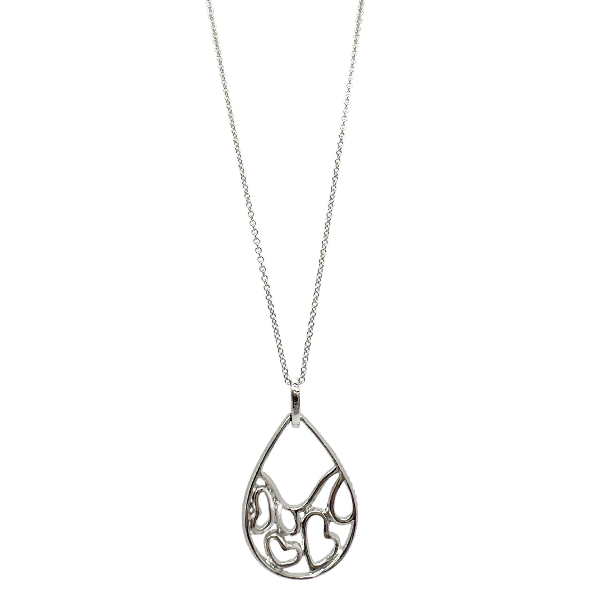 Women's 18K White Gold Diamond Tear Drop Heart Pendant Necklace For Sale