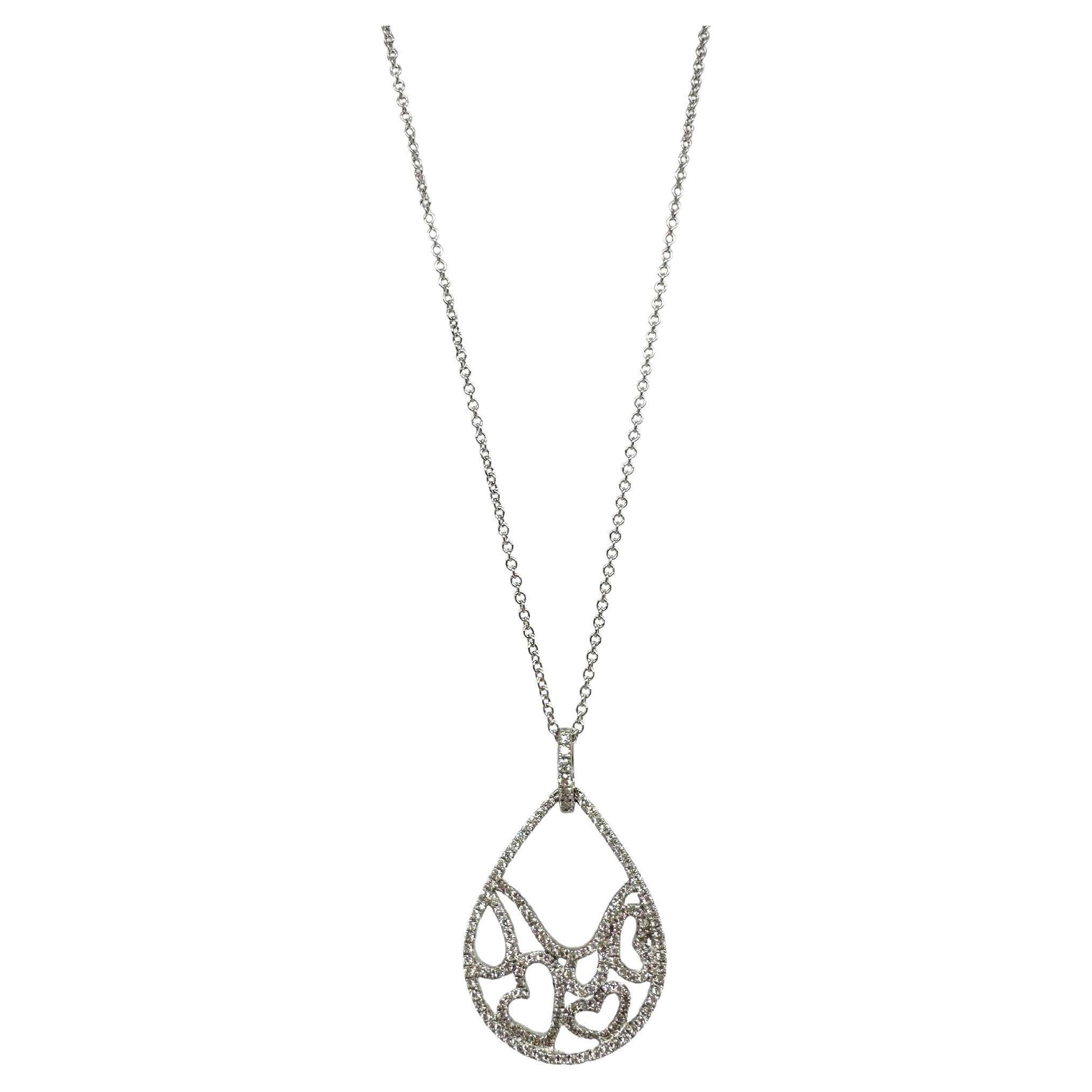 18K White Gold Diamond Tear Drop Heart Pendant Necklace For Sale