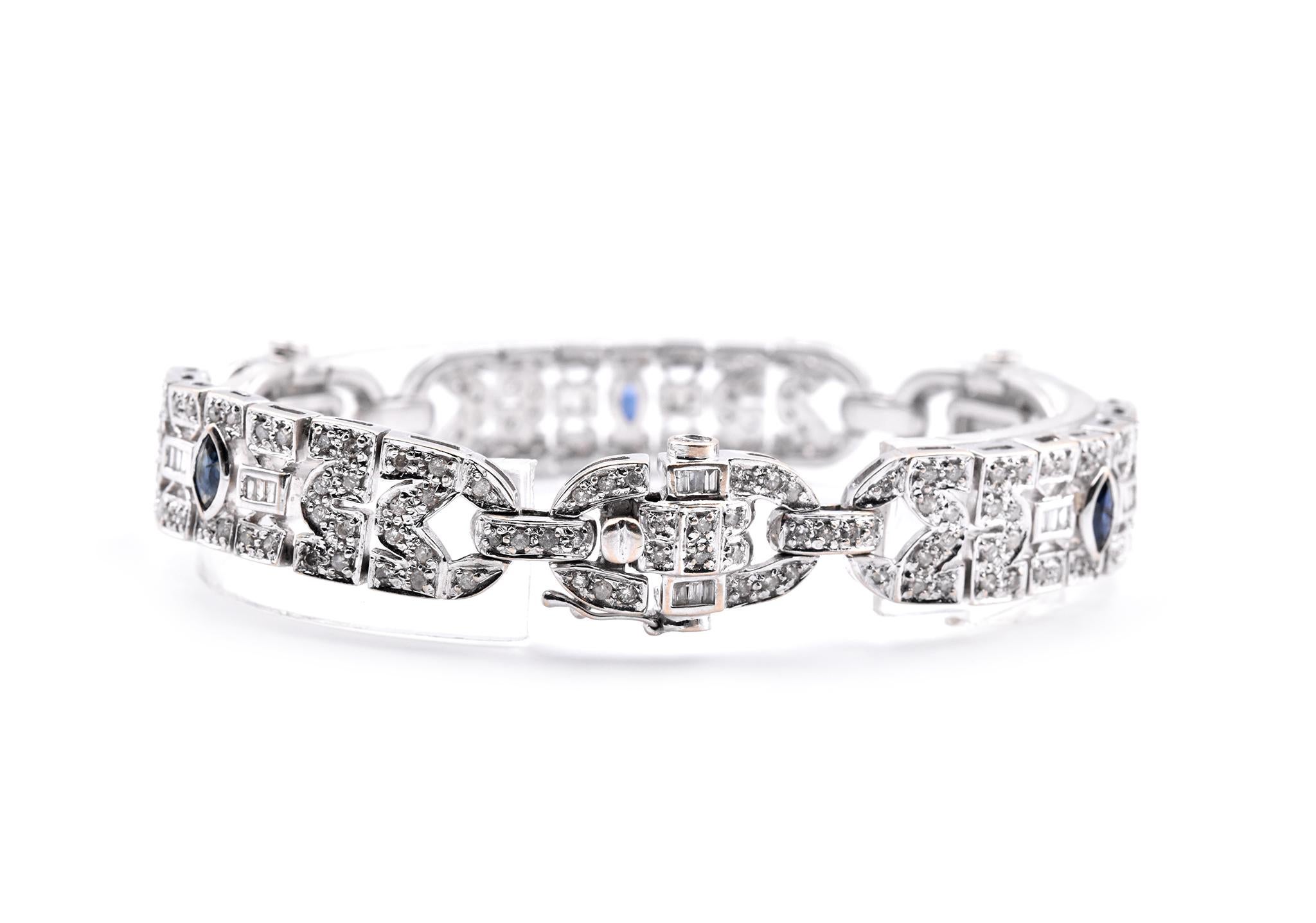 Baguette Cut 18 Karat White Gold 3.90cttw Diamond and Sapphire Art Deco Style Bracelet