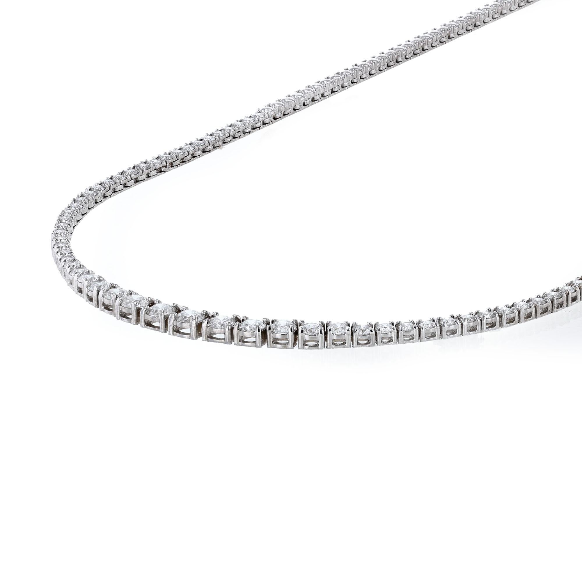 Contemporary 18K White Gold Diamond Tennis Necklace, 6.77ct For Sale