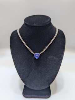18K White Gold Diamond Tennis Necklace with Heart Shape Cut Tanzanite Pendant