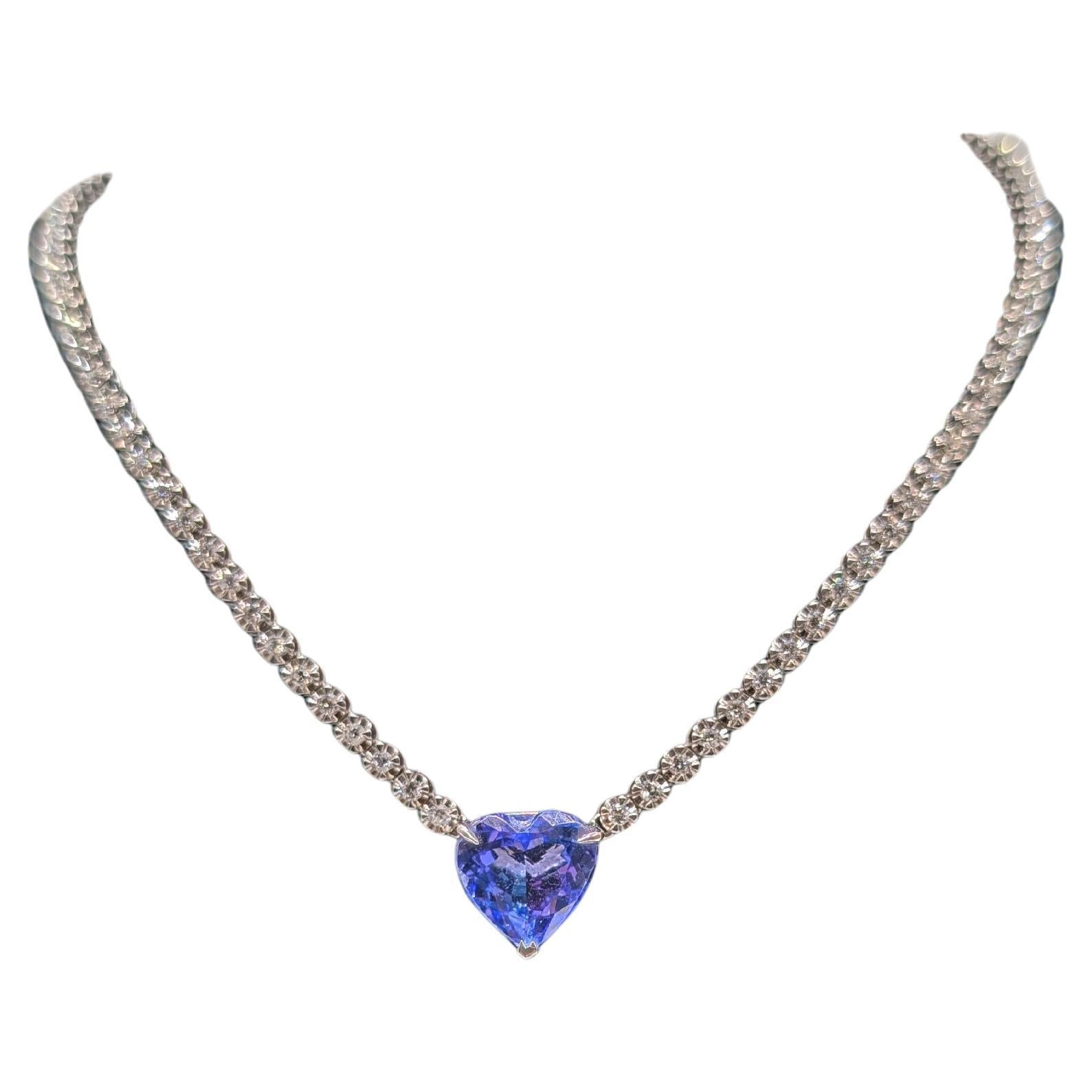18K White Gold Diamond Tennis Necklace with Heart Shape Cut Tanzanite Pendant For Sale