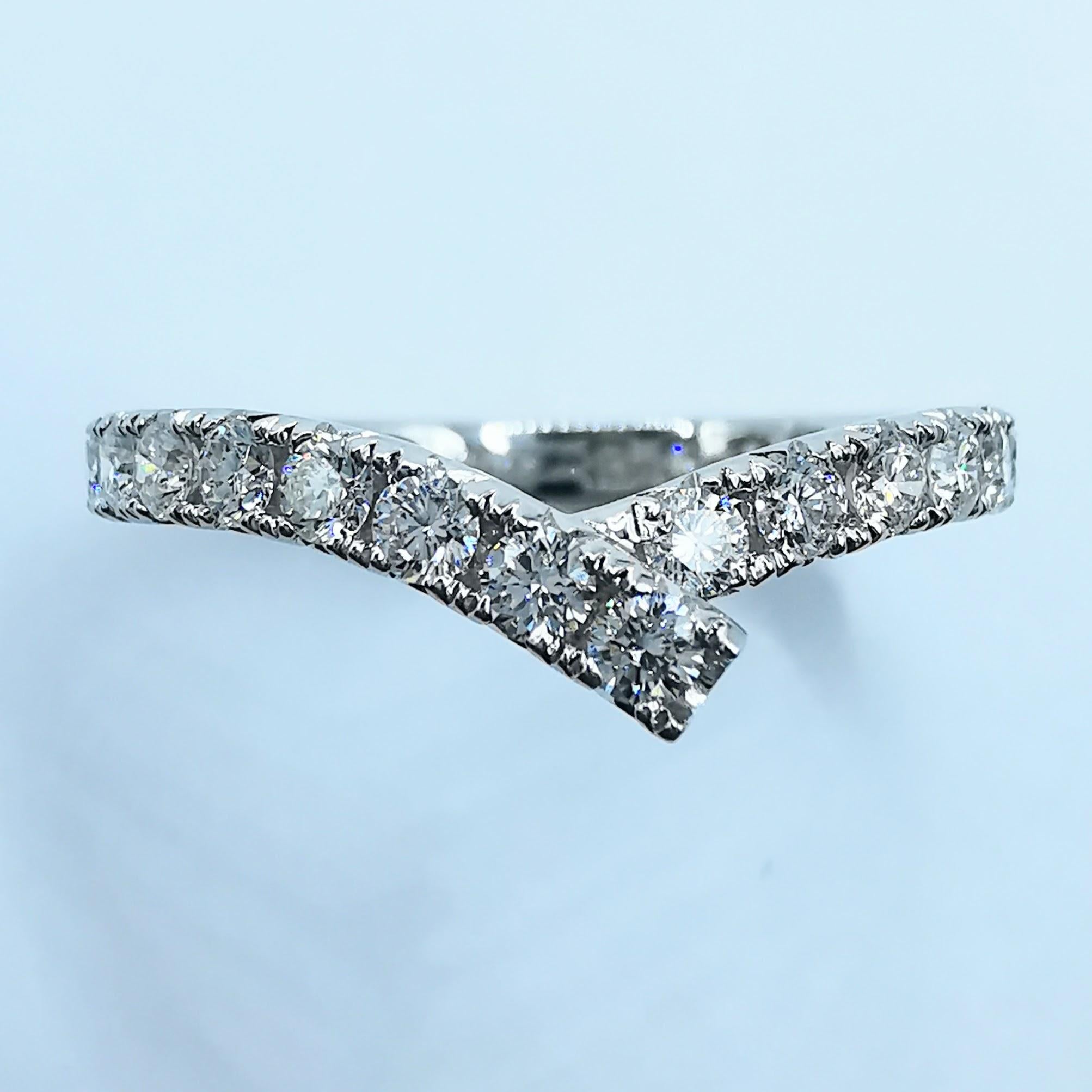 For Sale:  18K White Gold Diamond V Shape Ribbon Wrap Eternity Band Wedding Stacking Ring 3