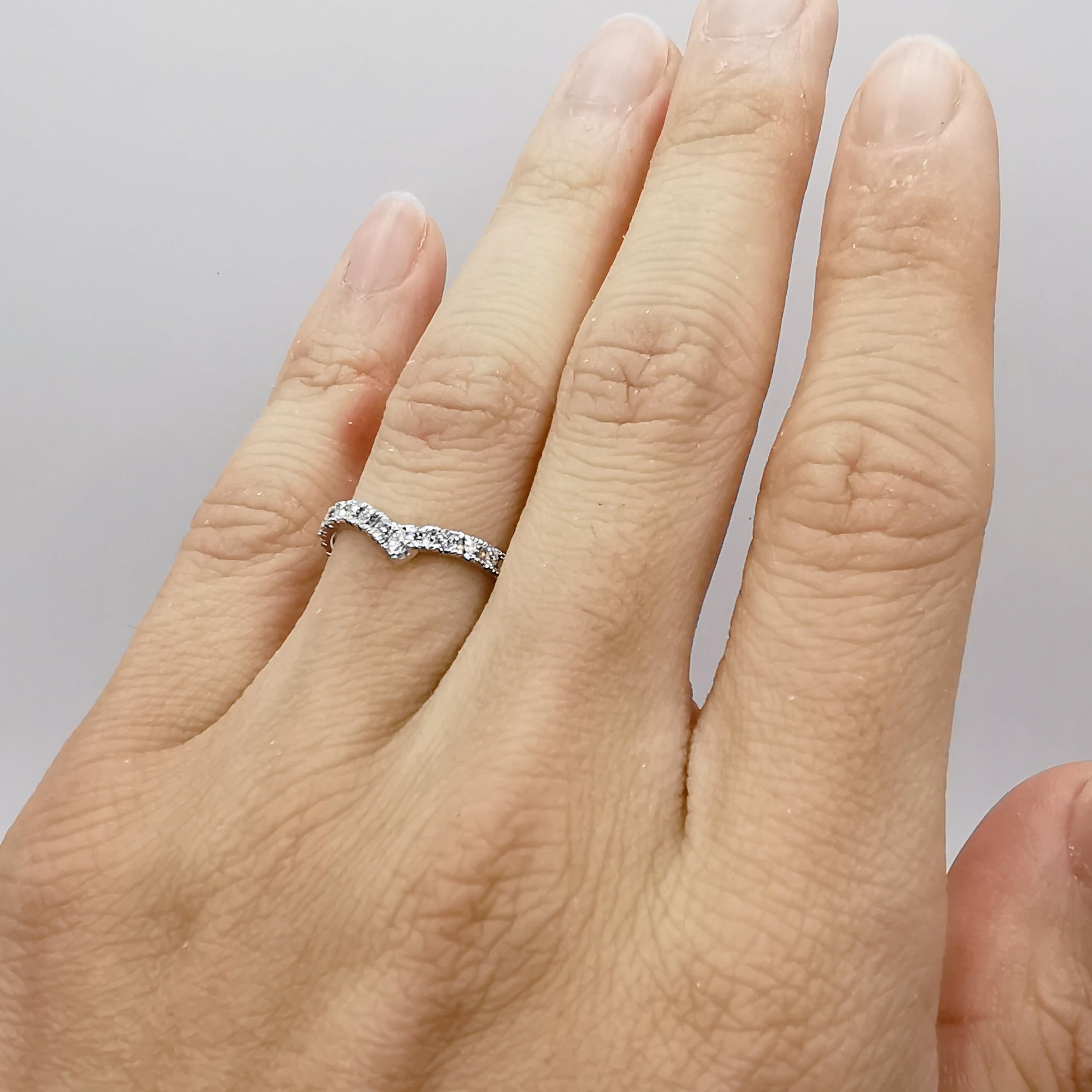 For Sale:  18K White Gold Diamond V Shape Ribbon Wrap Eternity Band Wedding Stacking Ring 8