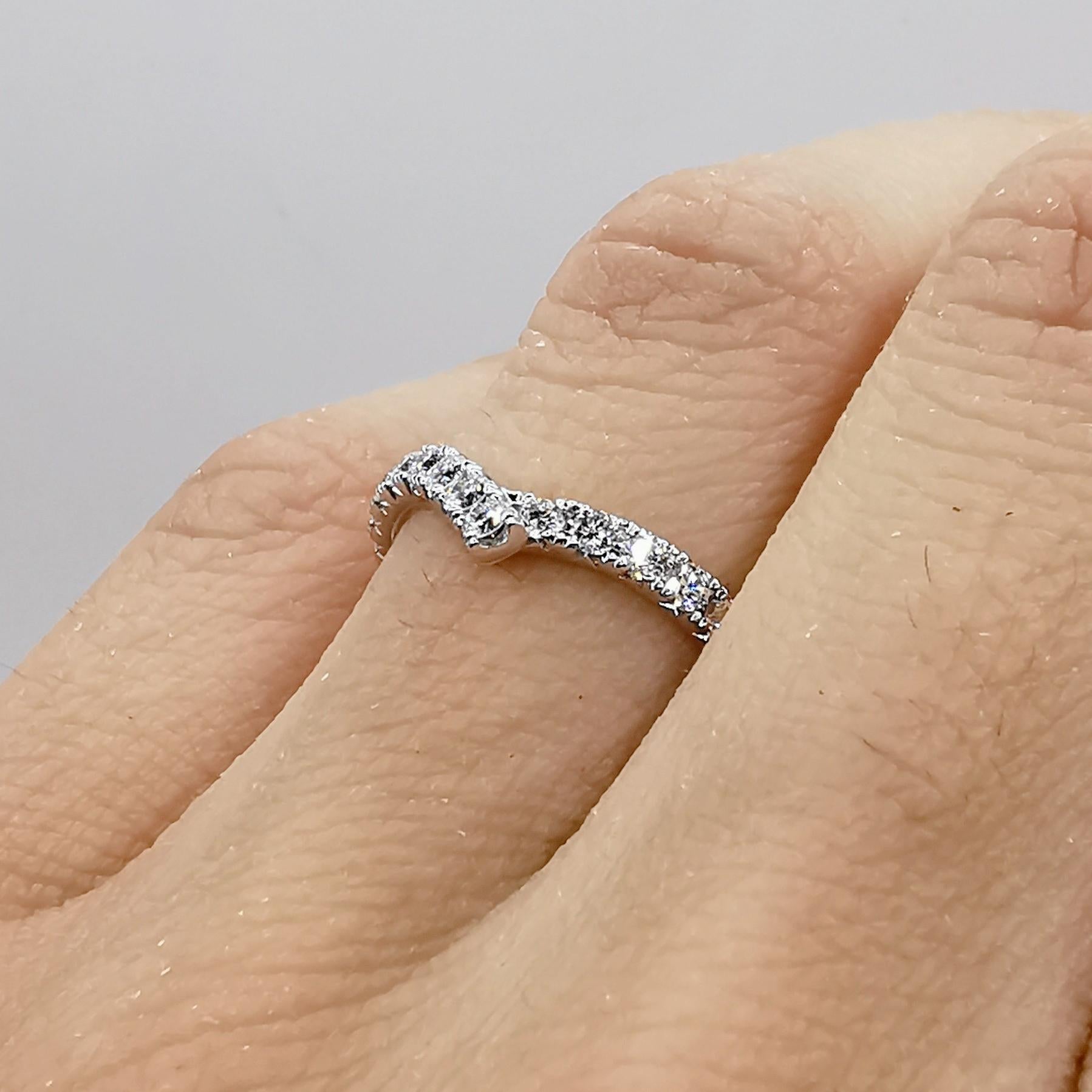 For Sale:  18K White Gold Diamond V Shape Ribbon Wrap Eternity Band Wedding Stacking Ring 9