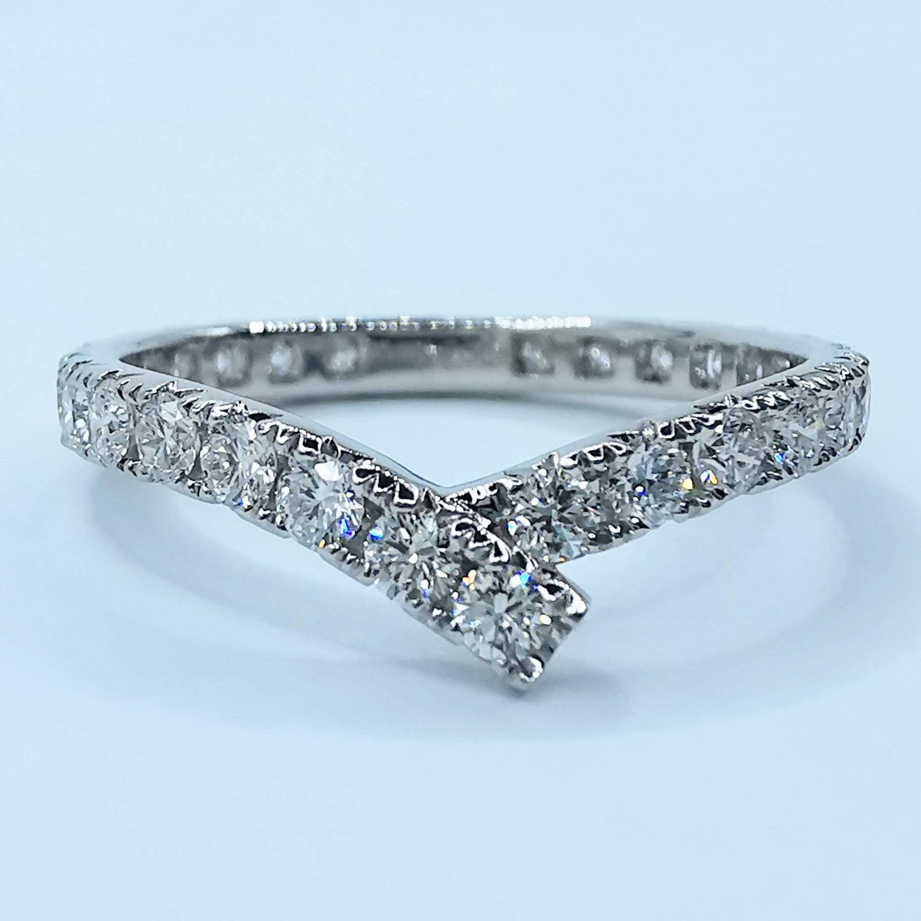 For Sale:  18K White Gold Diamond V Shape Ribbon Wrap Eternity Band Wedding Stacking Ring 4