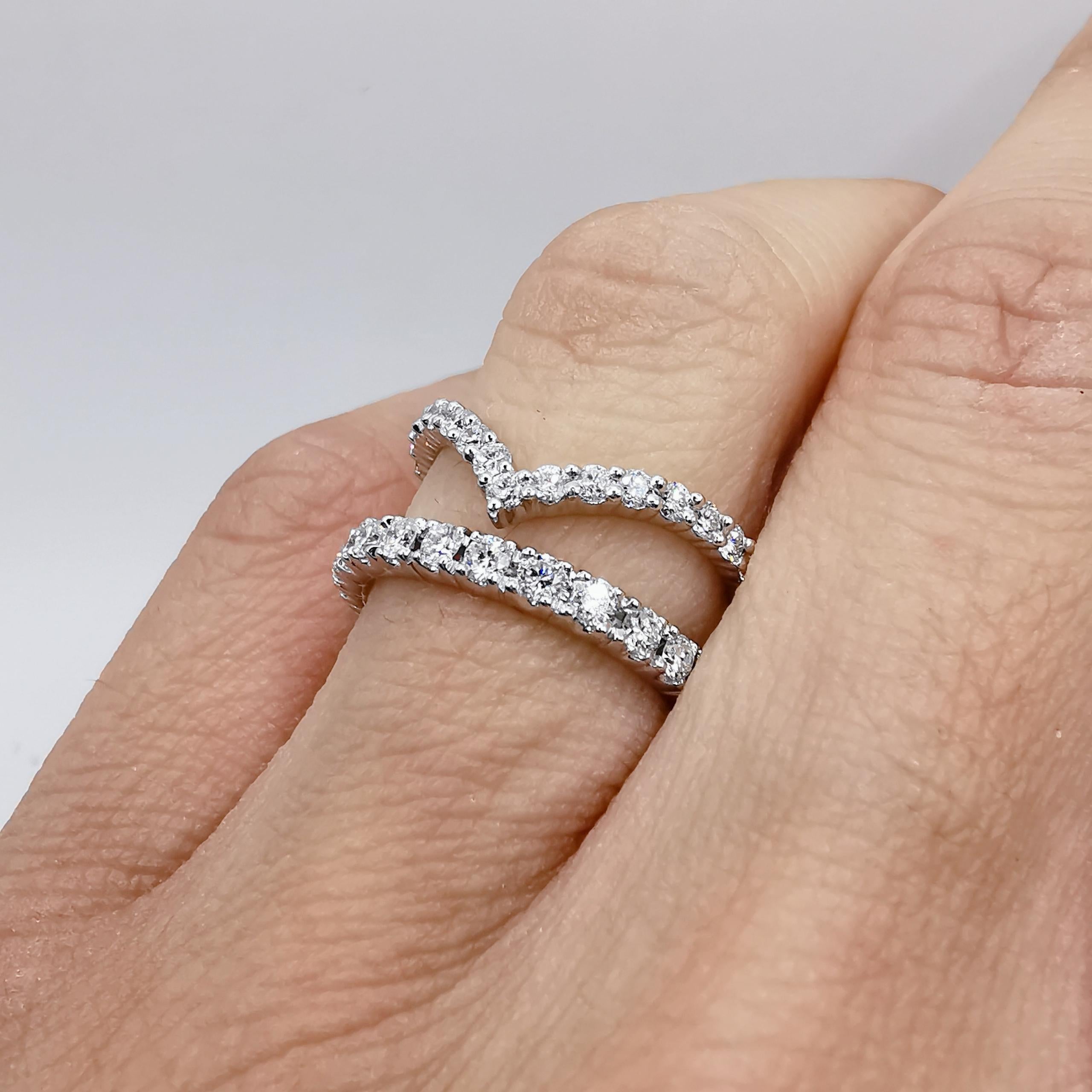 For Sale:  18K White Gold Diamond V Shape Wishbone Half Eternity Band Wedding Stacking Ring 11
