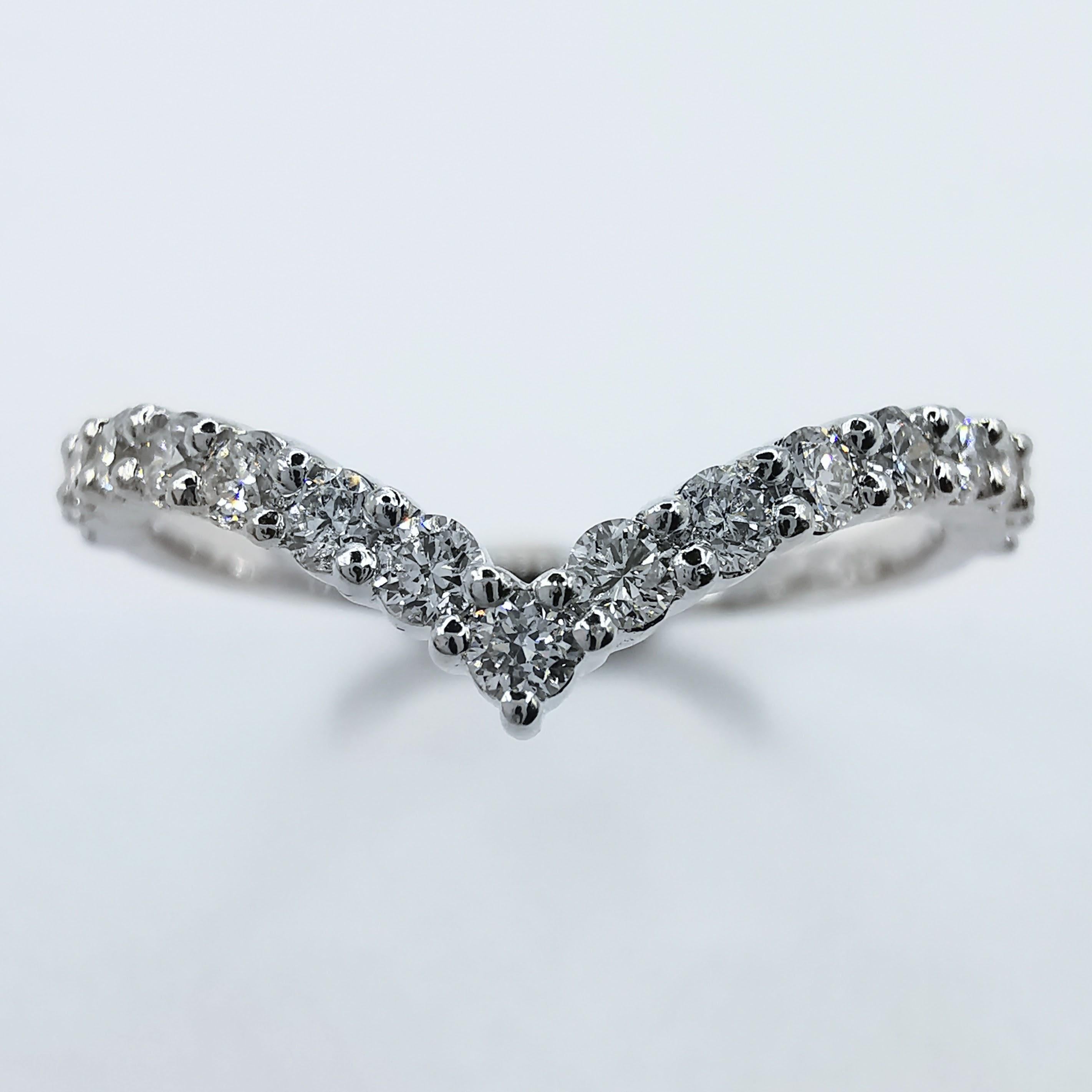 For Sale:  18K White Gold Diamond V Shape Wishbone Half Eternity Band Wedding Stacking Ring 5
