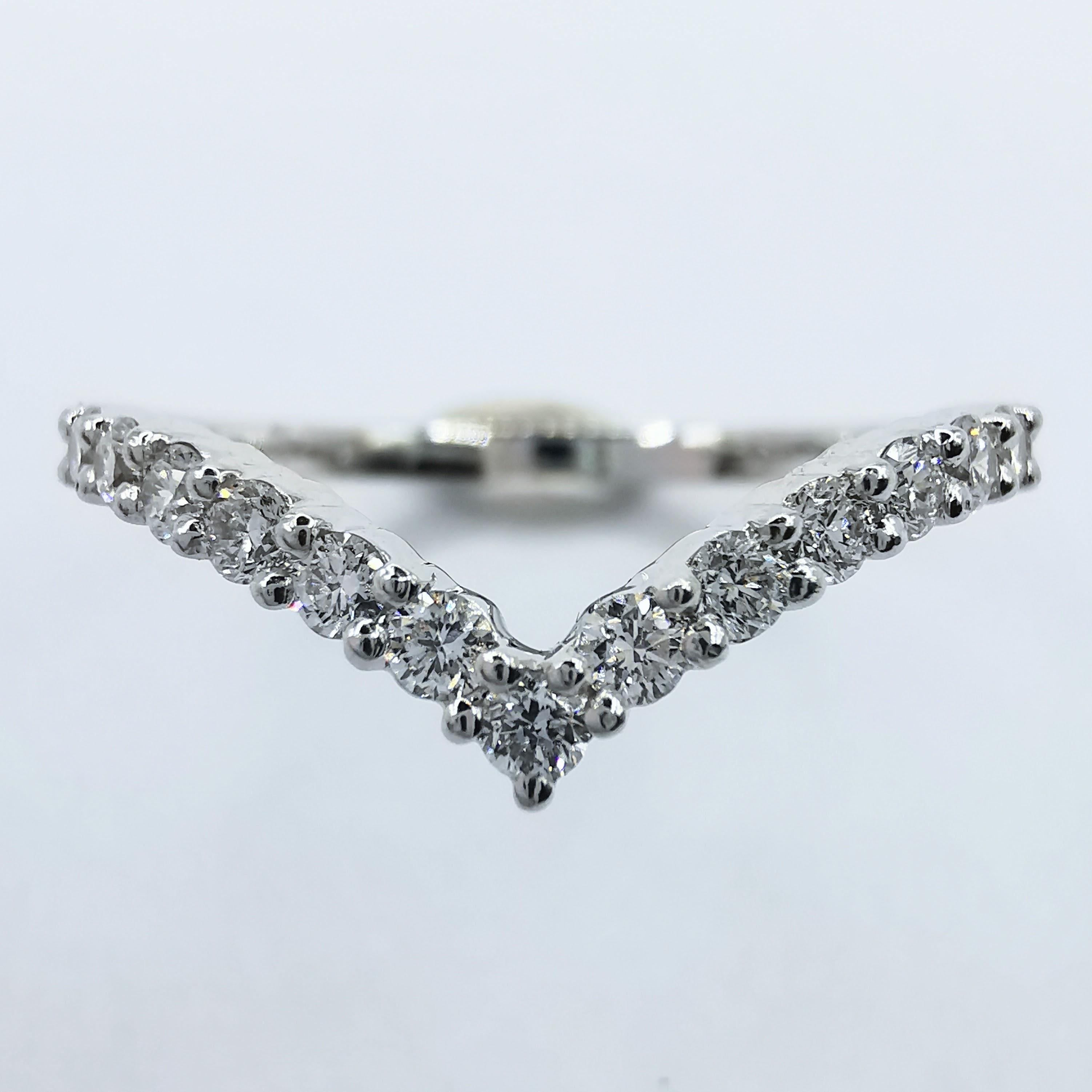 For Sale:  18K White Gold Diamond V Shape Wishbone Half Eternity Band Wedding Stacking Ring 6