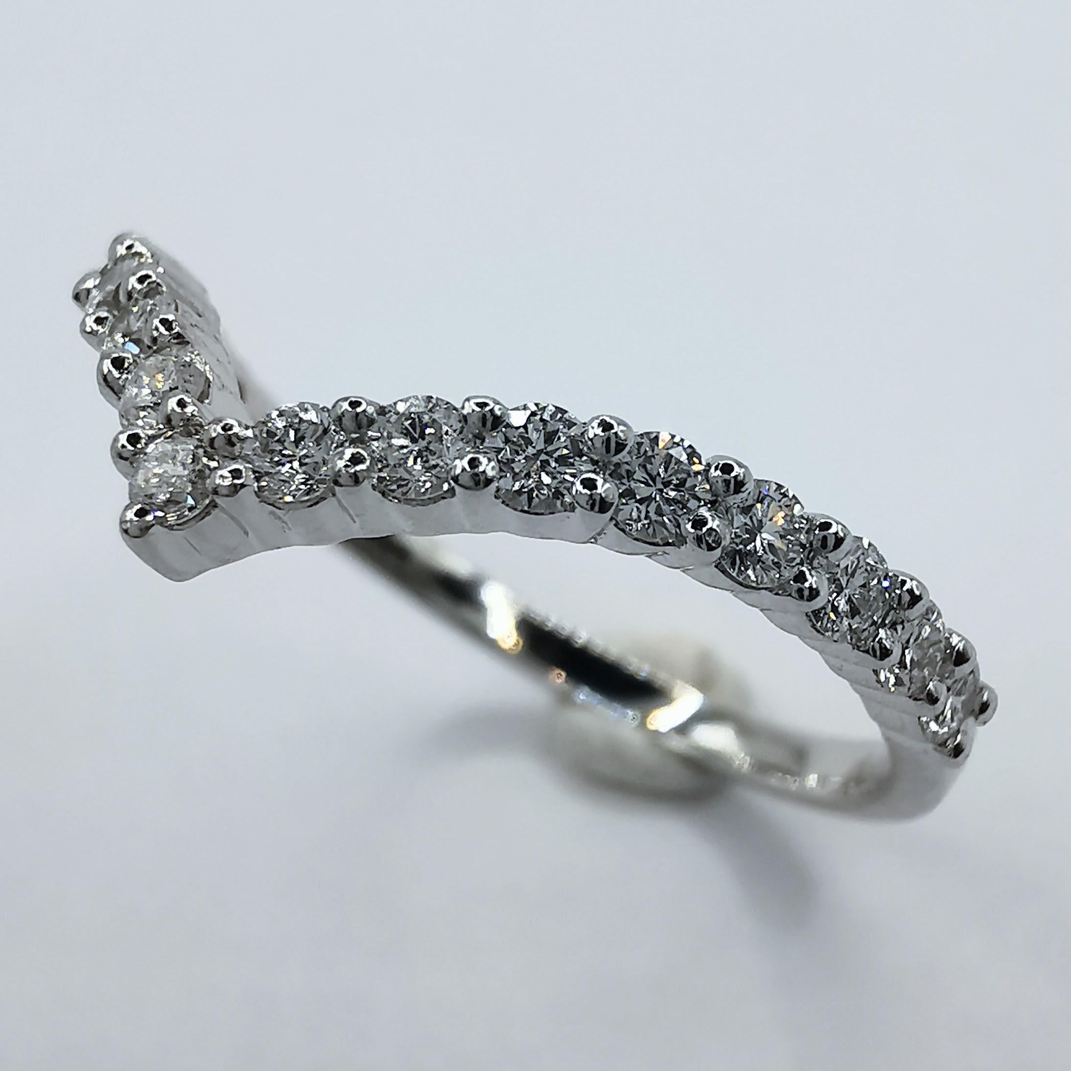 For Sale:  18K White Gold Diamond V Shape Wishbone Half Eternity Band Wedding Stacking Ring 3