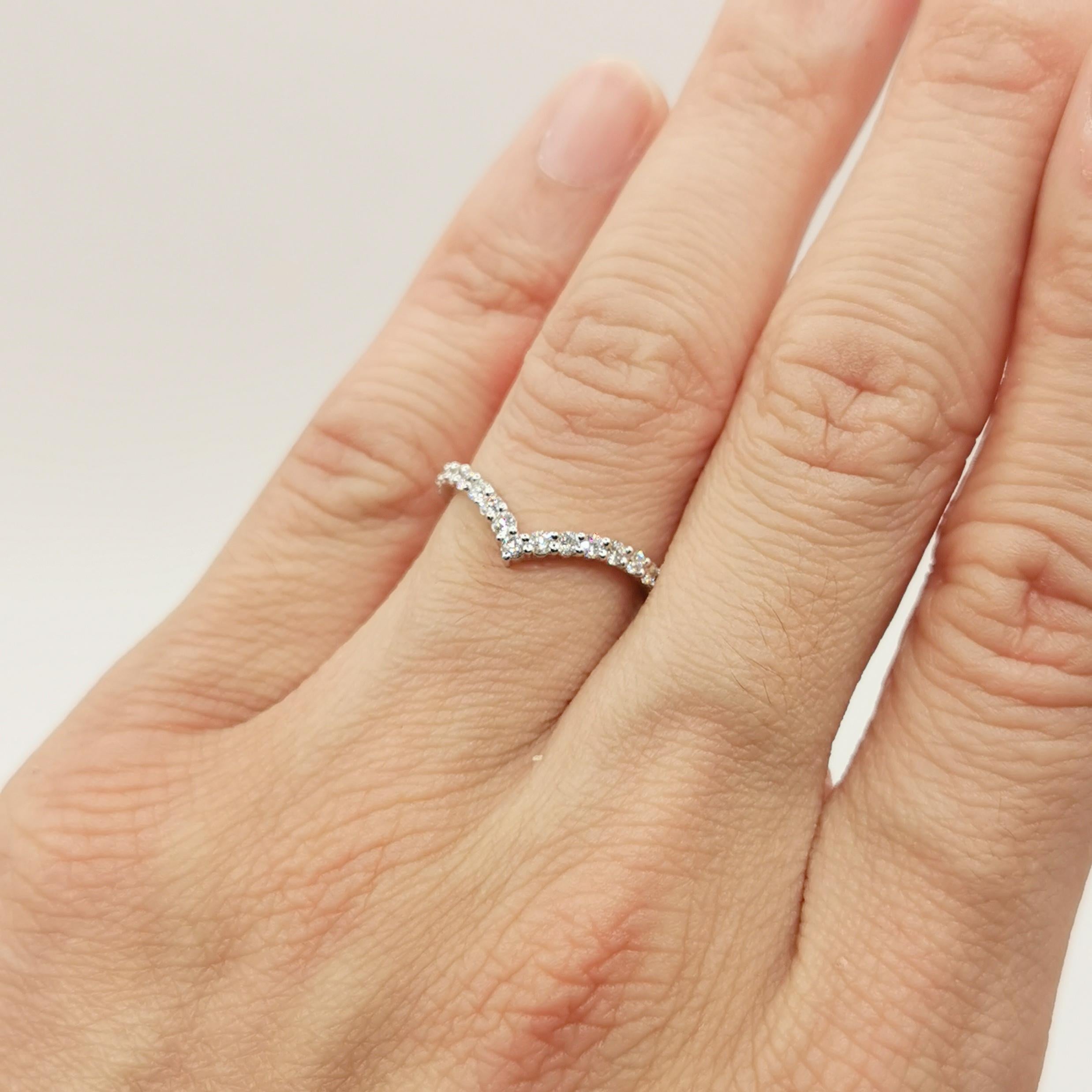 For Sale:  18K White Gold Diamond V Shape Wishbone Half Eternity Band Wedding Stacking Ring 8