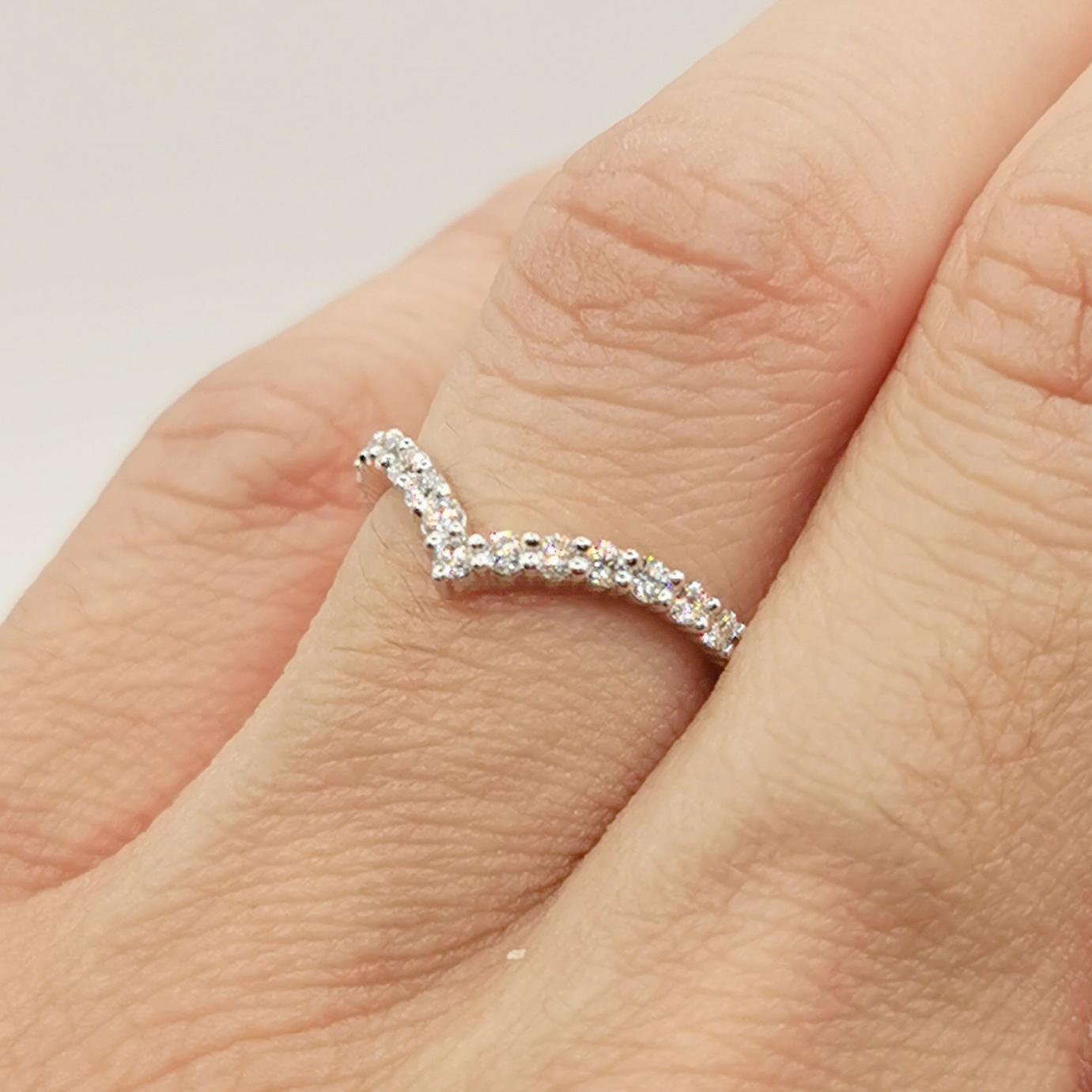 For Sale:  18K White Gold Diamond V Shape Wishbone Half Eternity Band Wedding Stacking Ring 10