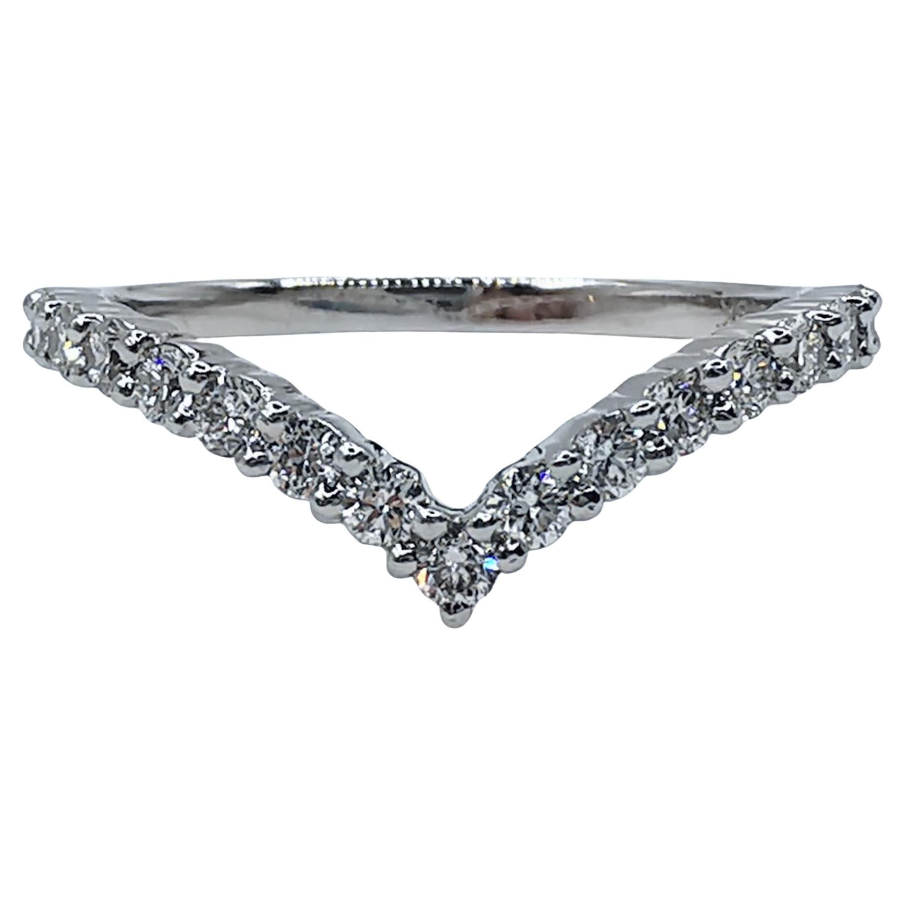 18K White Gold Diamond V Shape Wishbone Half Eternity Band Wedding Stacking Ring