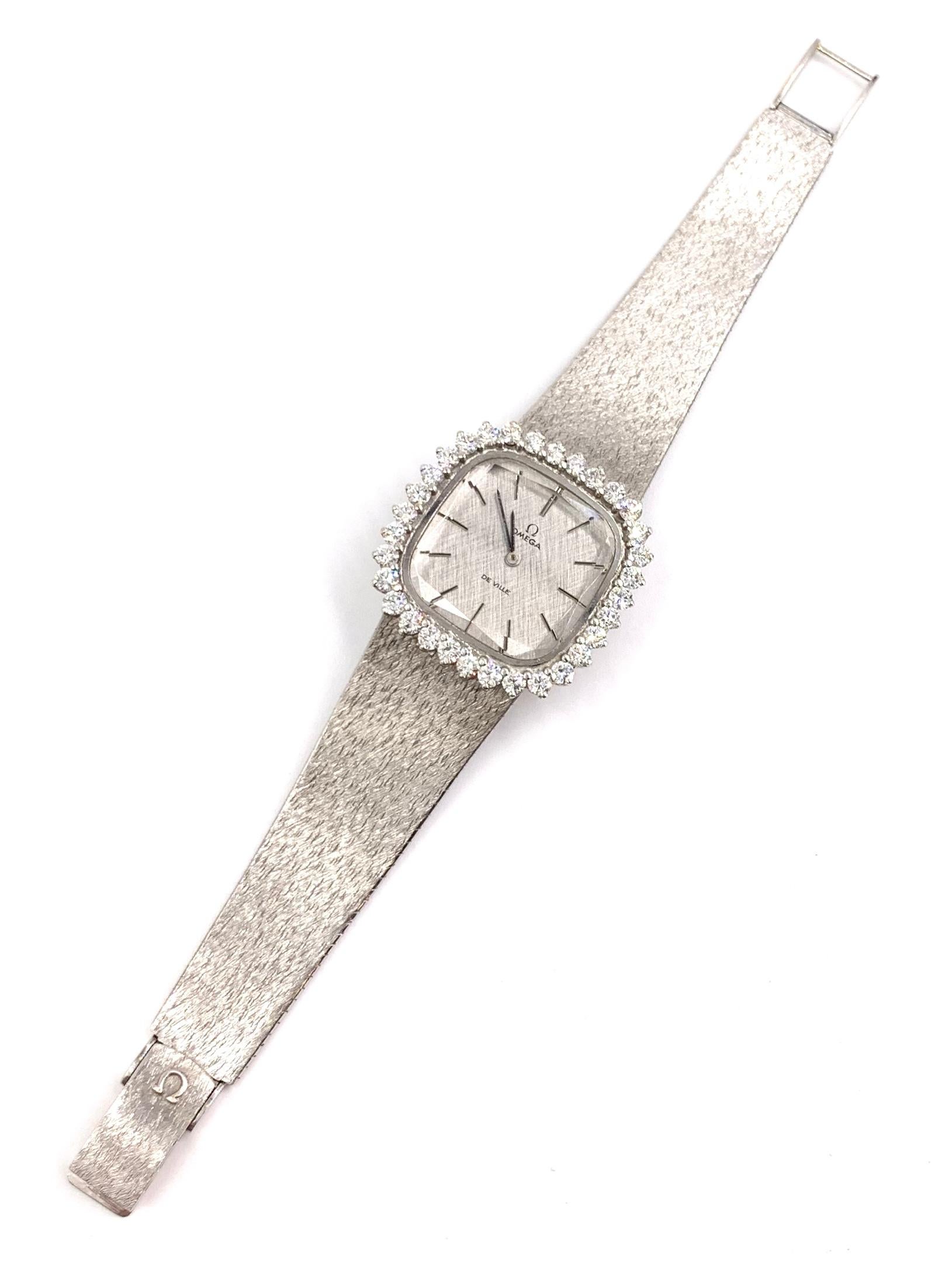 Round Cut 18 Karat White Gold and Diamond Vintage Omega De Ville Watch